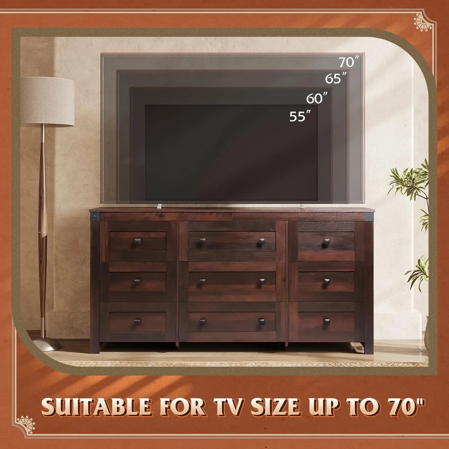 Commode LED à 9 tiroirs pour chambre à coucher, 148 cm de large, organiseur de rangement en bois avec prise électrique