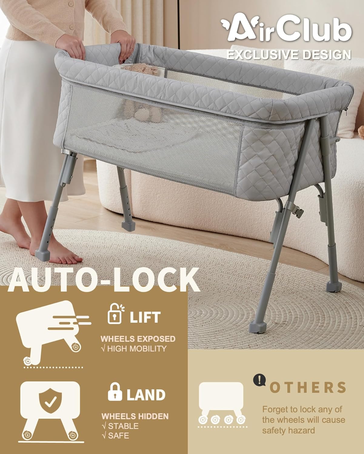 Berceau de chevet pour nouveau-né, berceau de chevet avec 4 positions de verrouillage automatique et hauteur réglable, maille respirante et matelas