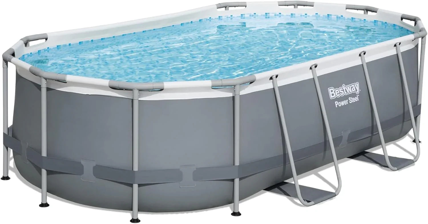 Piscine hors sol ovale Power Steel 4,3 m x 2,4 m x 100 cm | Comprend une pompe de filtration de 2070 litres, une échelle et un distributeur ChemConnect.