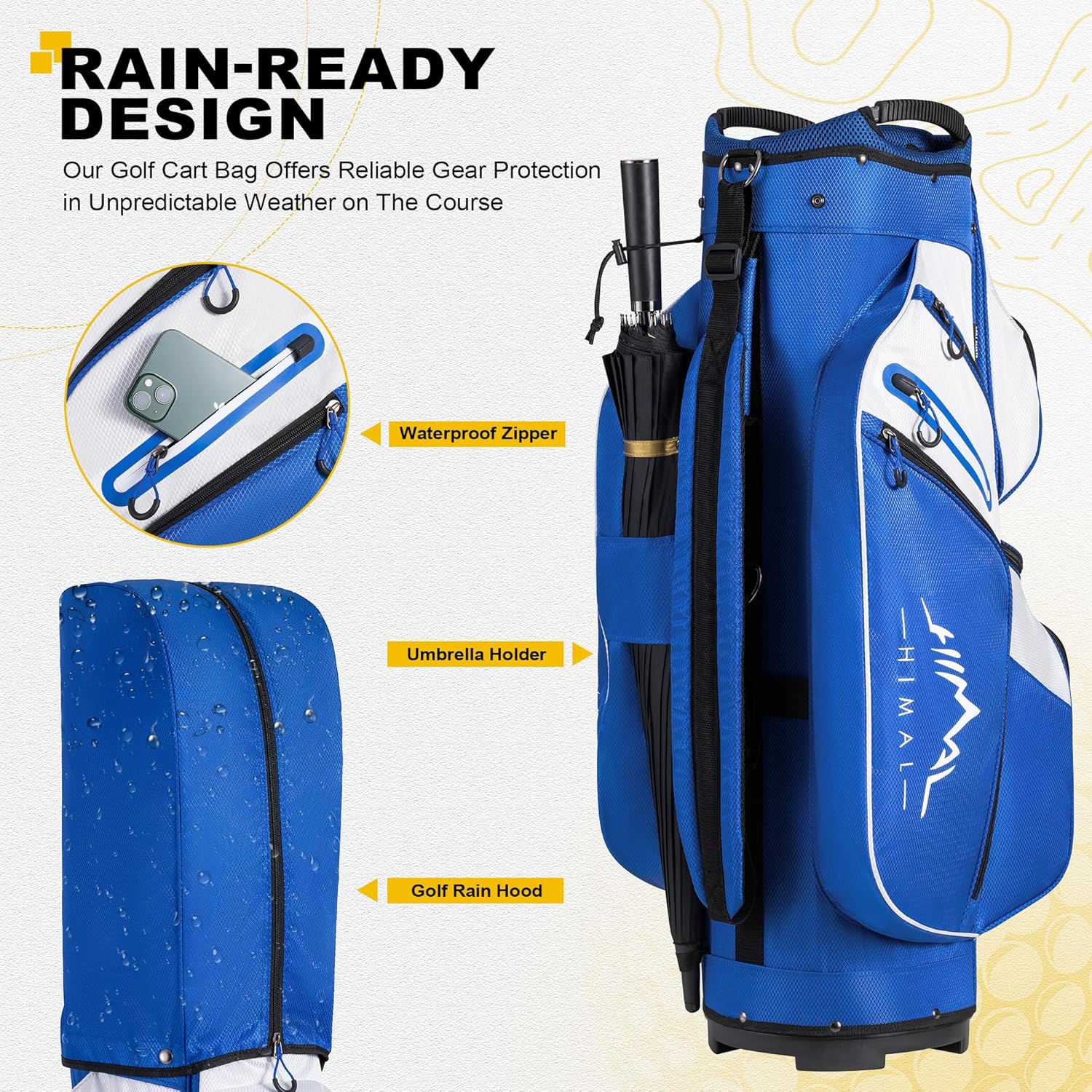 Sac de chariot de golf, organiseur à 15 compartiments, compartiment supérieur avec poignées et housse de pluie