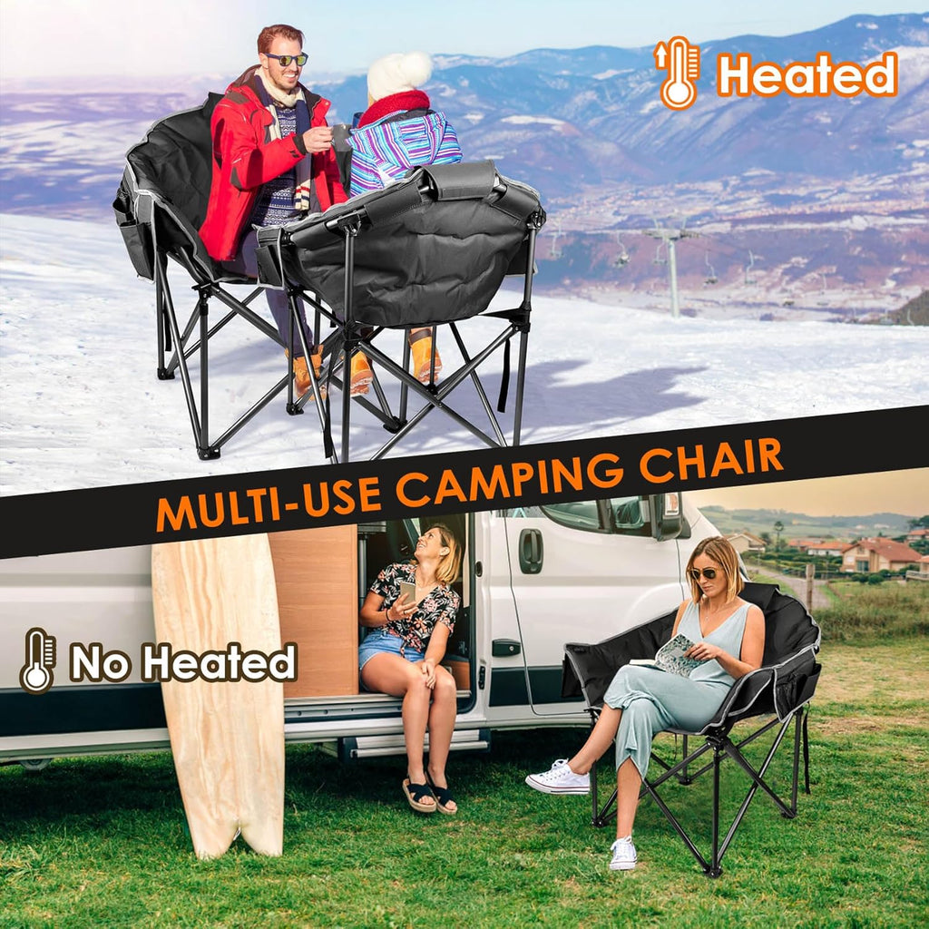Chaise de camping chauffante, chaise de sport d'extérieur extra large avec 3 niveaux de chaleur sur le dossier et l'assise, chaise d'extérieur chauffante pliante portable (piles non incluses)