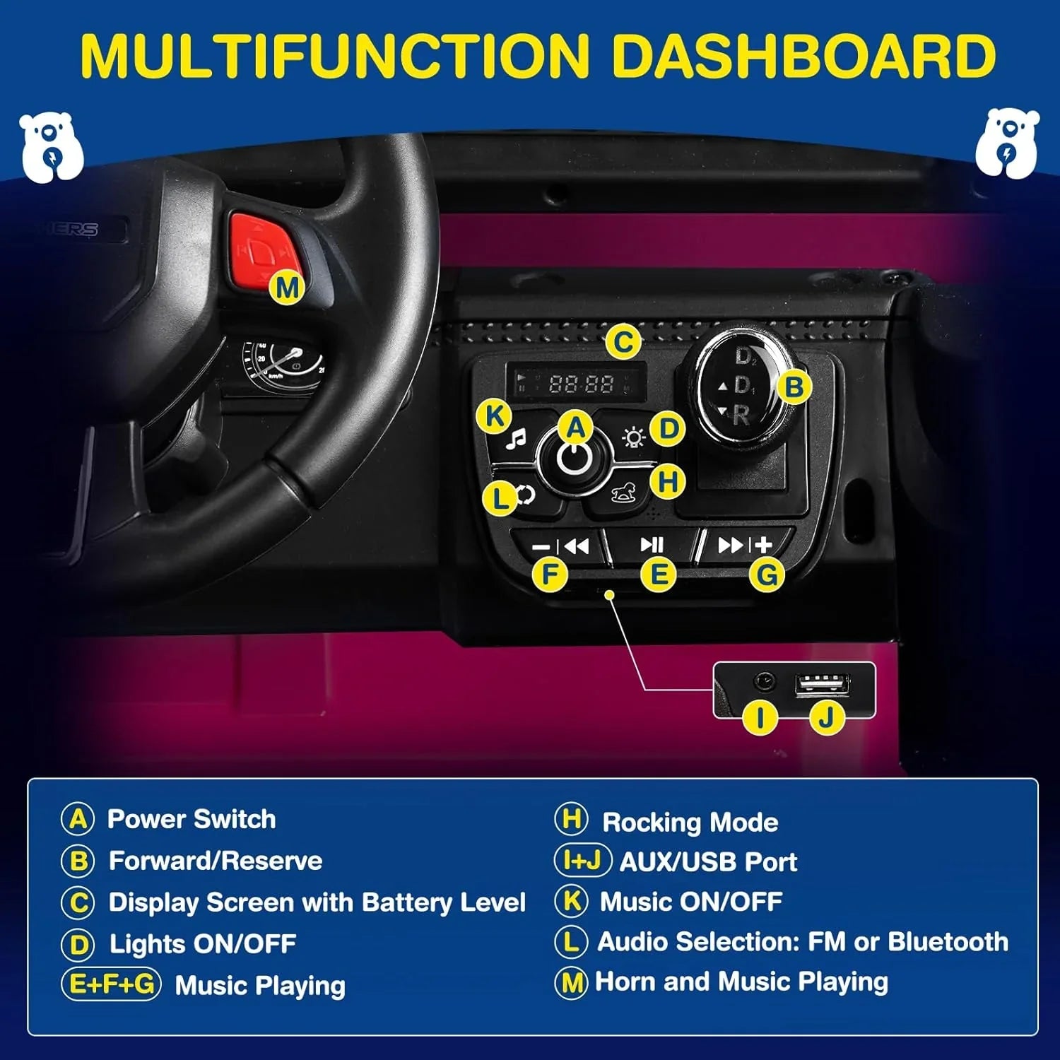 Trottinette électrique L8 pour enfants, 2 places, 12 V, avec télécommande, suspension à 4 roues et haut-parleur Bluetooth.
