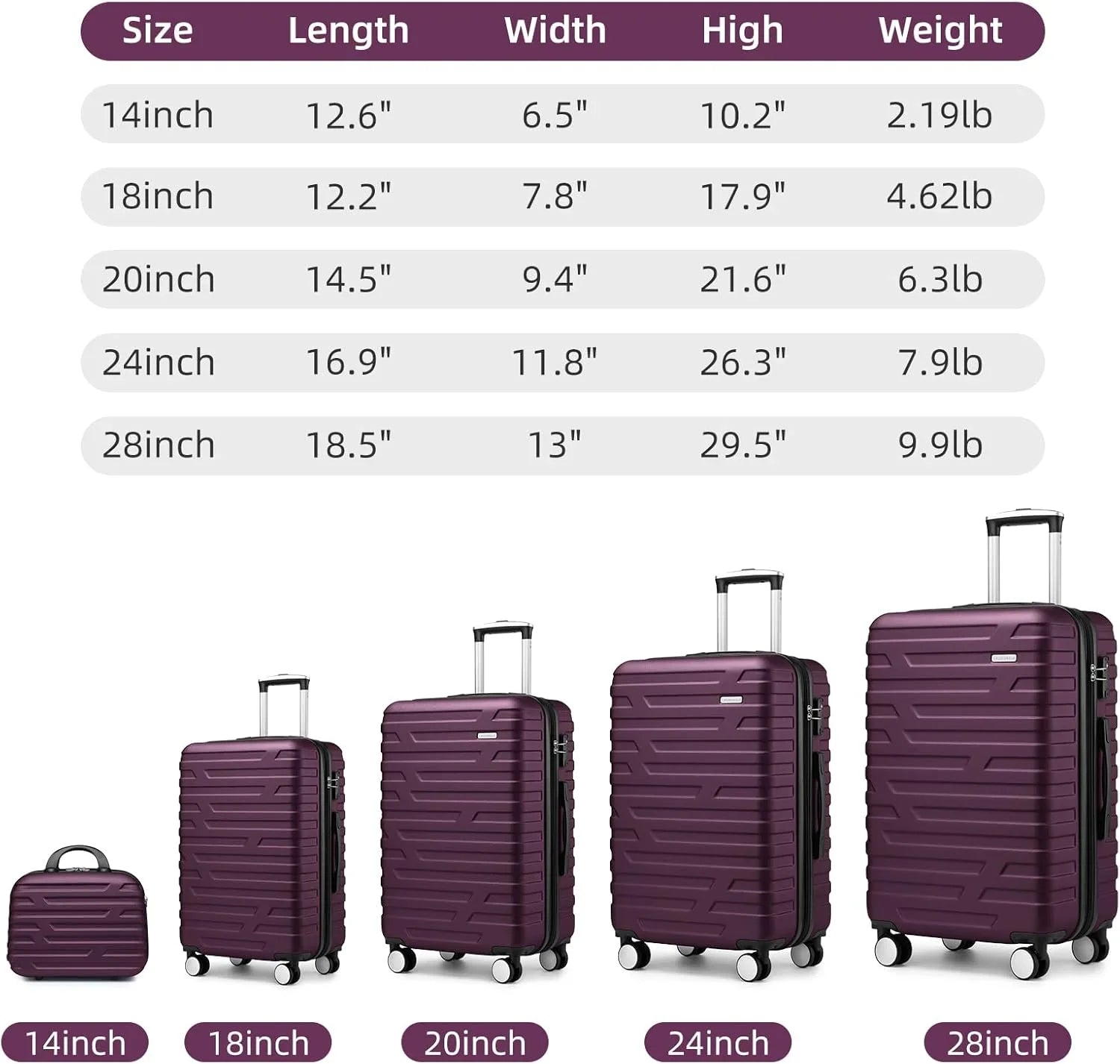 Ensemble de bagages à main légers et extensibles à coque rigide de 6 pièces