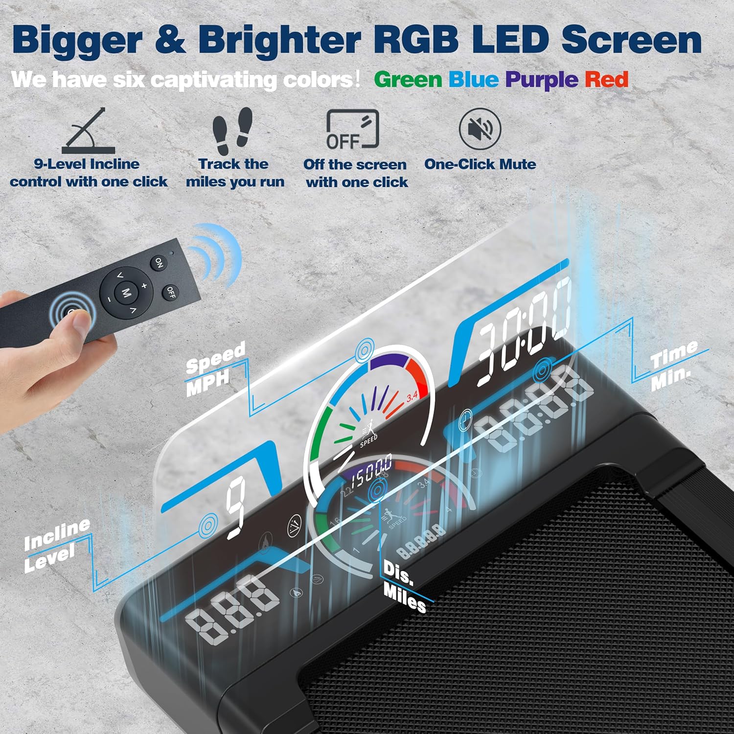 Le tapis de course Walking Pad est doté d'une inclinaison automatique de 12 % sur 9 niveaux, d'une capacité de 450 livres, d'un écran LED RVB et de haut-parleurs Bluetooth.