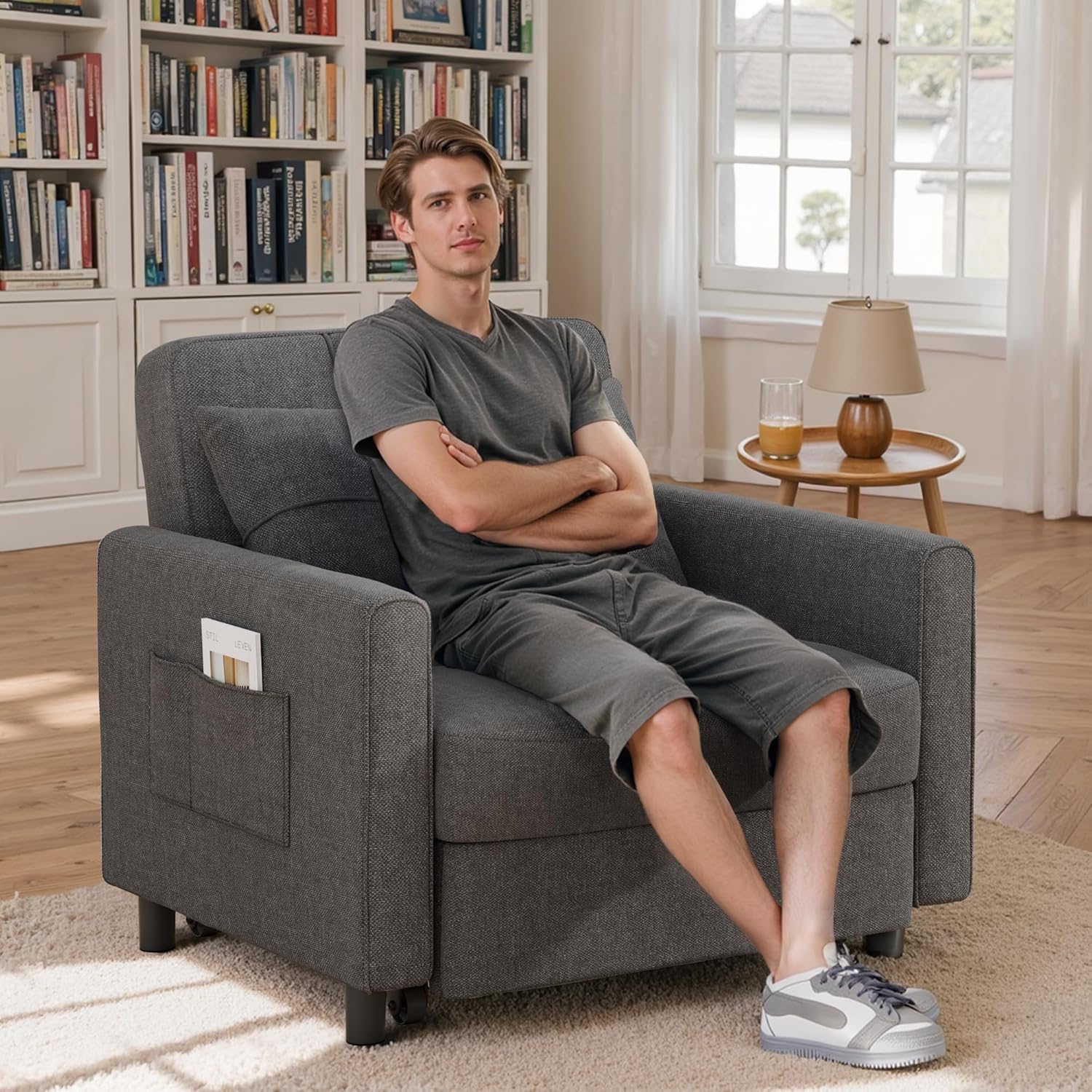 Canapé-lit convertible 3 en 1, convertible en lit simple gigogne avec dossier réglable, spacieux et multifonctionnel