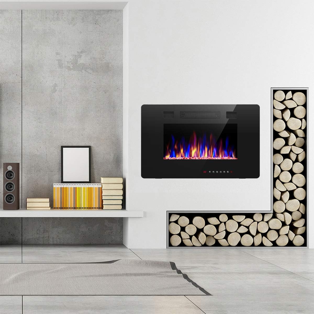 Cheminée électrique encastrée et murale R.W.FLAME 60 po, silencieuse, compatible avec les montants de 2 x 6 po, télécommande avec minuterie, écran tactile, couleur et vitesse de flamme réglables, 750-1500 W