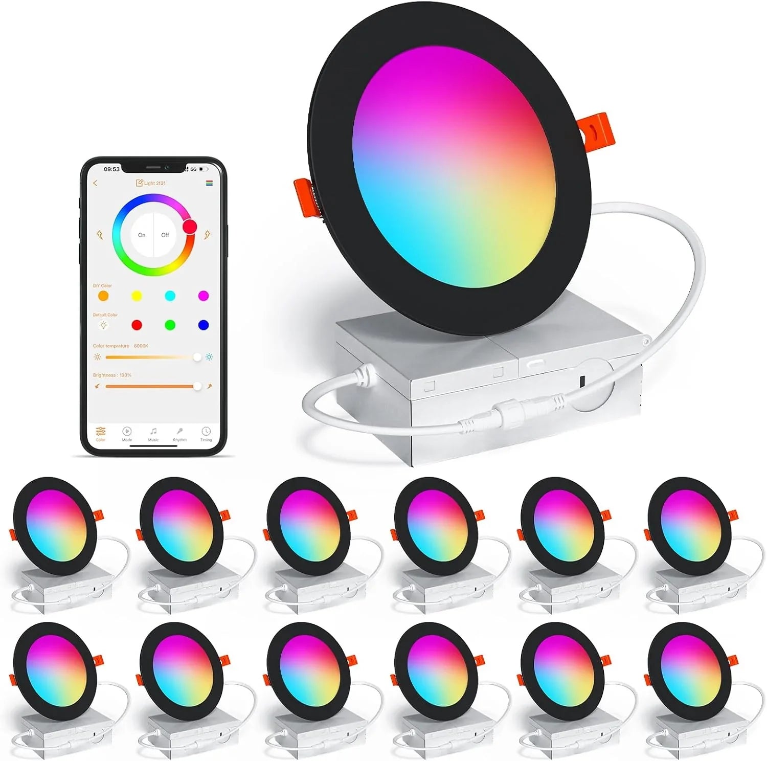 Spot LED encastré intelligent 12 W RGBCW à changement de couleur de 4 po avec boîte de jonction