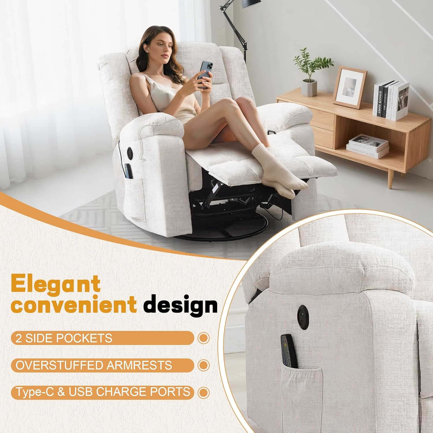 Fauteuil à bascule pour adulte, fauteuil inclinable coulissant, fauteuil à bascule rotatif à 360° avec fonction massage et chauffage