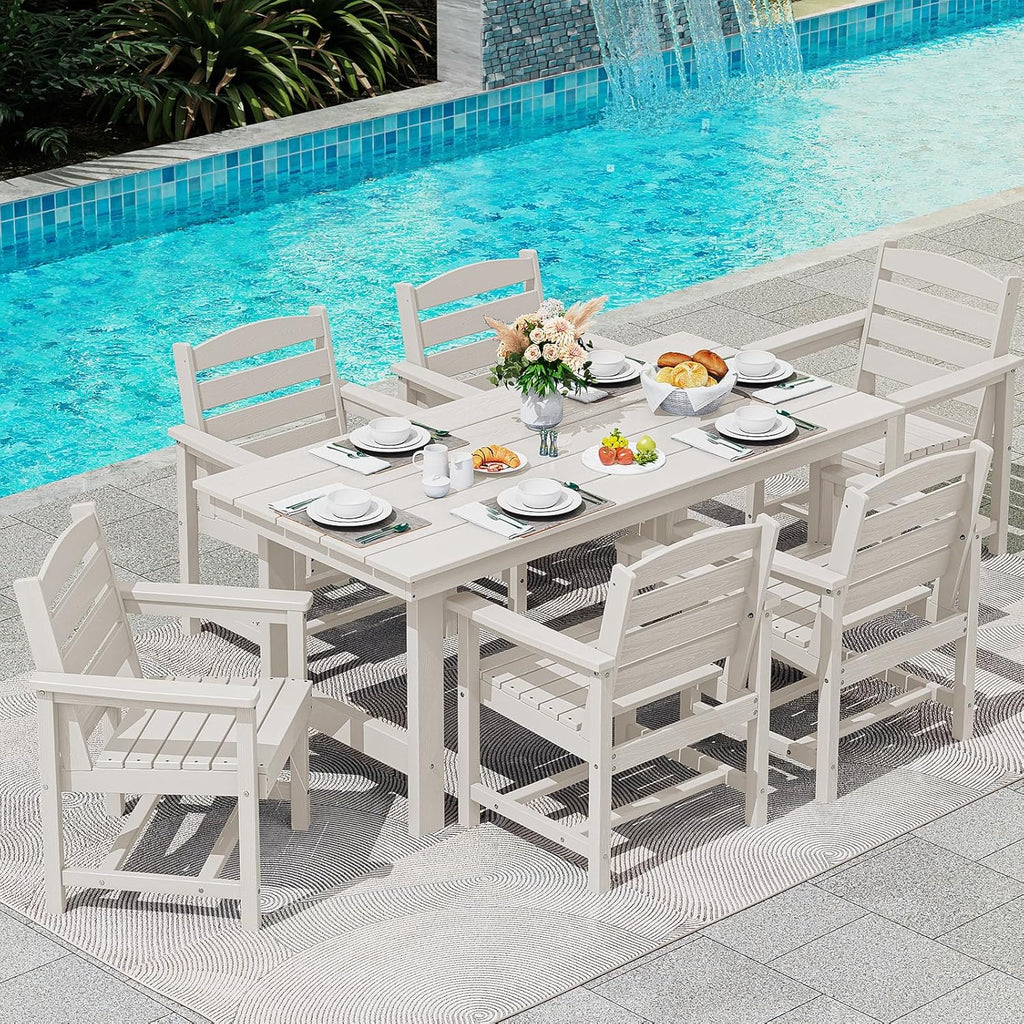 Ensemble de salle à manger d'extérieur en PEHD, 7 pièces, avec table découpée pour parasol et 6 chaises
