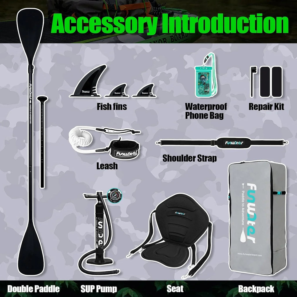 Planche de stand up paddle gonflable FunWater avec accessoires de pagaie SUP haut de gamme, pont EVA antidérapant, pagaie 11'/10'6'