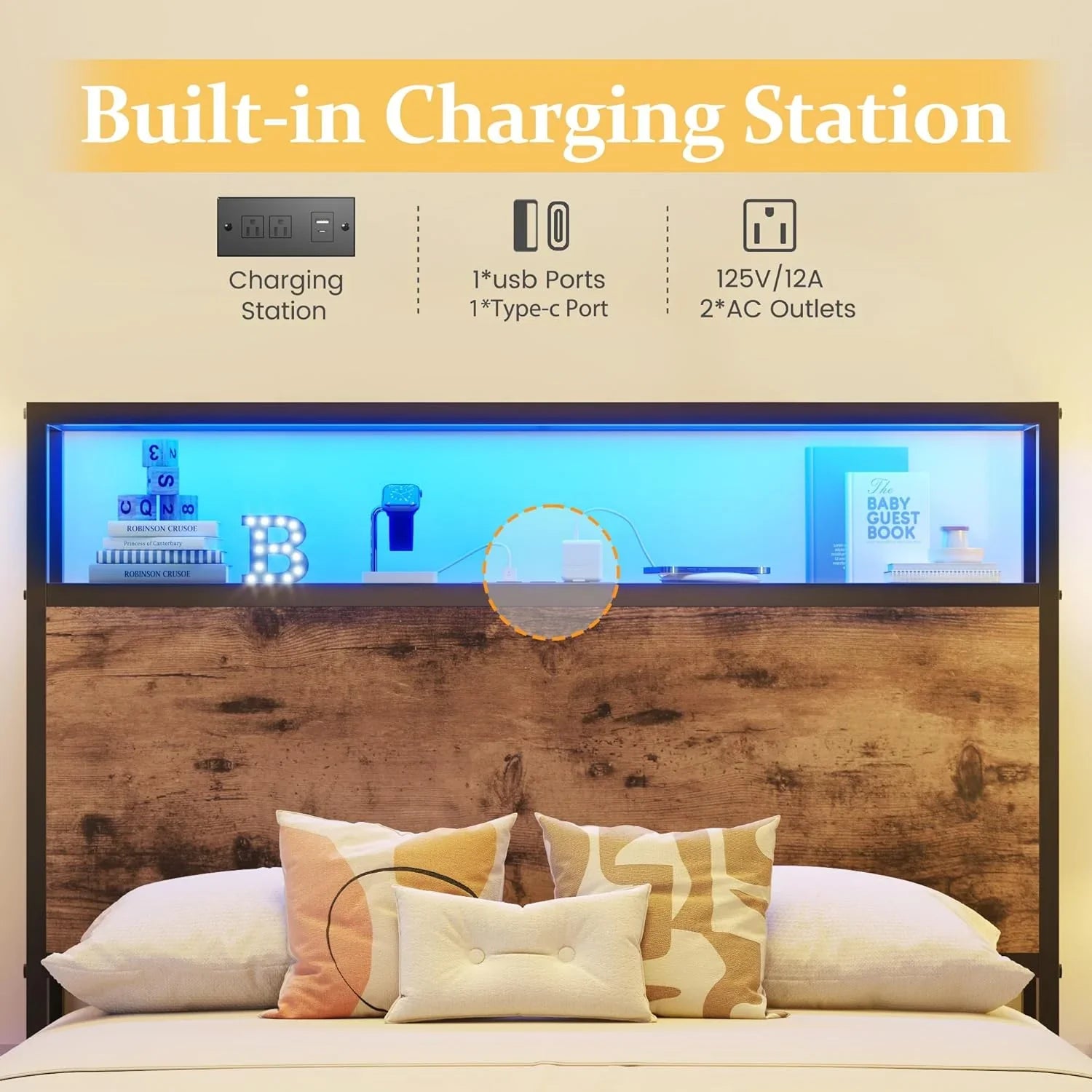 Cadre de lit Queen Lifezone avec tête de lit double et plateau de rangement en métal