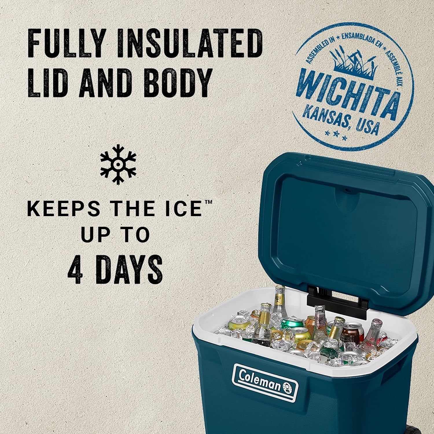 Glacière portable isotherme à roulettes Coleman, glacière rigide d'extérieur étanche, conserve la glace jusqu'à 5 jours, 100 litres