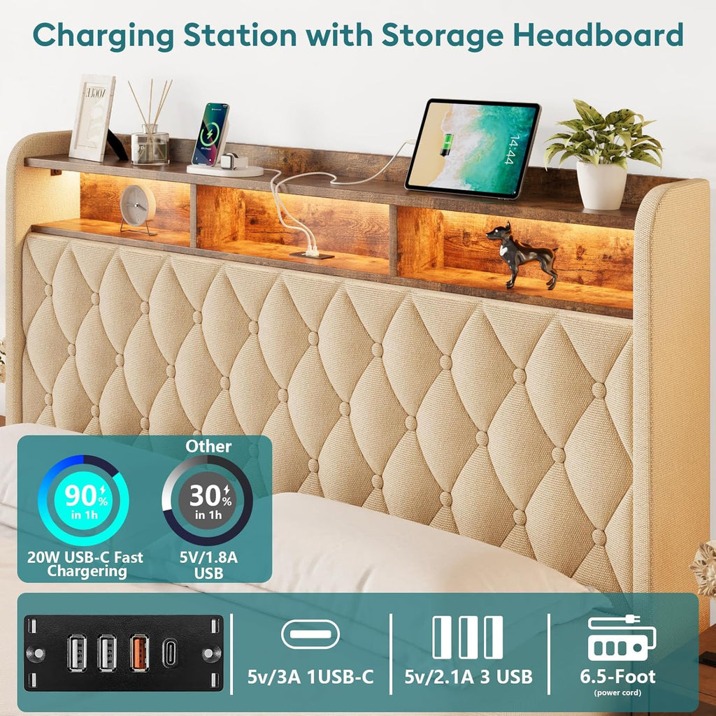 Cadre de lit Queen size avec rangement, hydraulique, sans sommier, lattes en bois