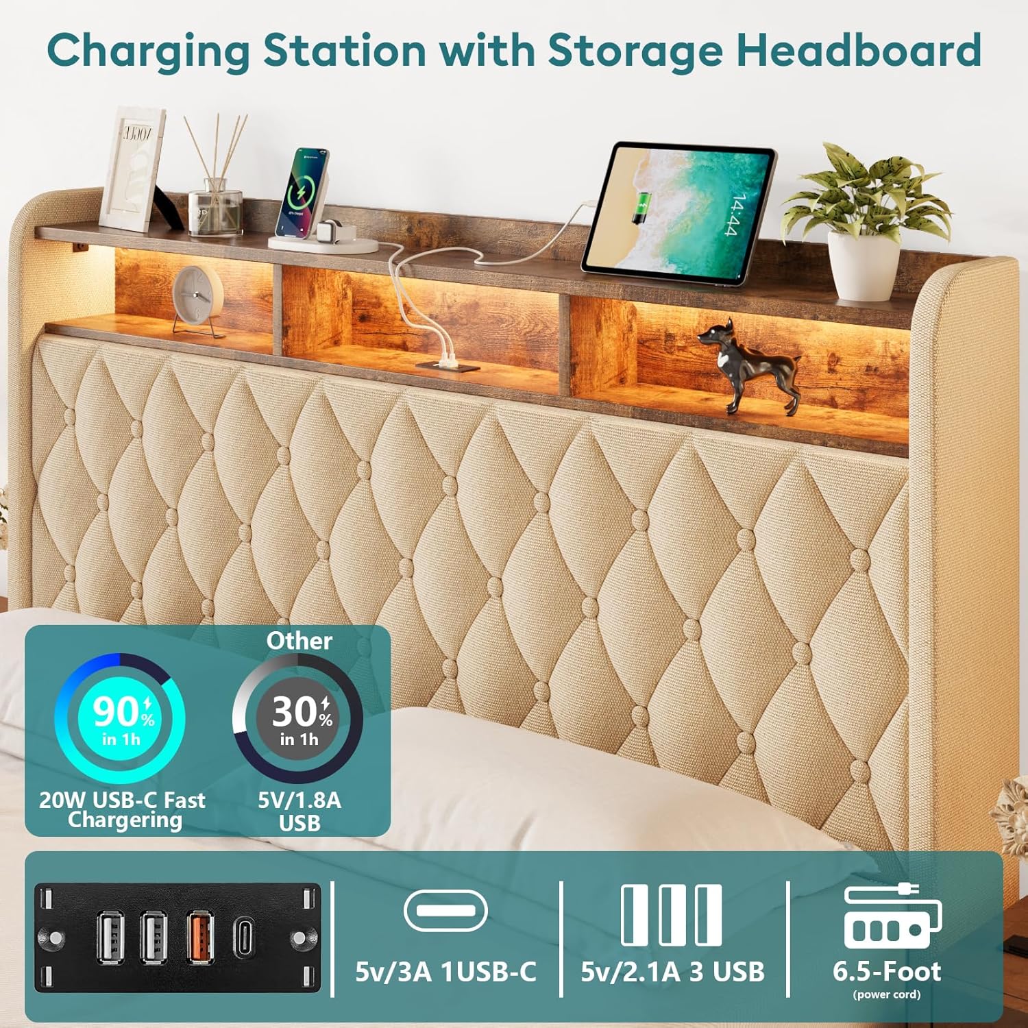 Cadre de lit Queen size avec rangement, hydraulique, sans sommier, lattes en bois