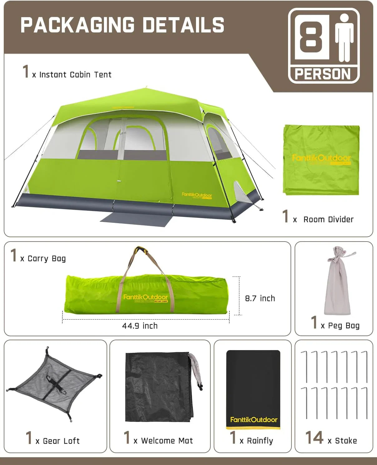 Tente de camping portable pour 4/6/8/10 personnes avec cabine instantanée et résistante à la pluie et au vent