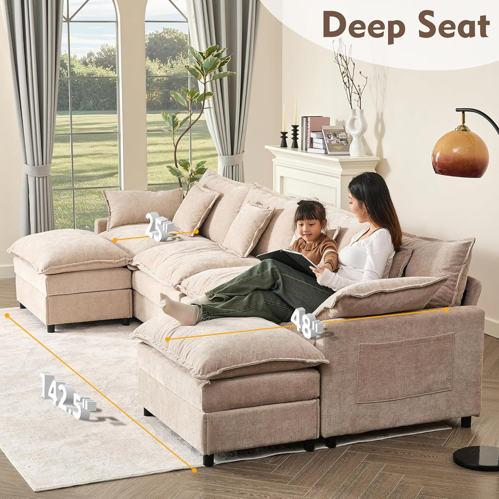 Canapé en U 108 pouces, canapé sectionnel, canapé Cloud confortable avec repose-pieds amovible, canapé profond pour salon, lin, beige