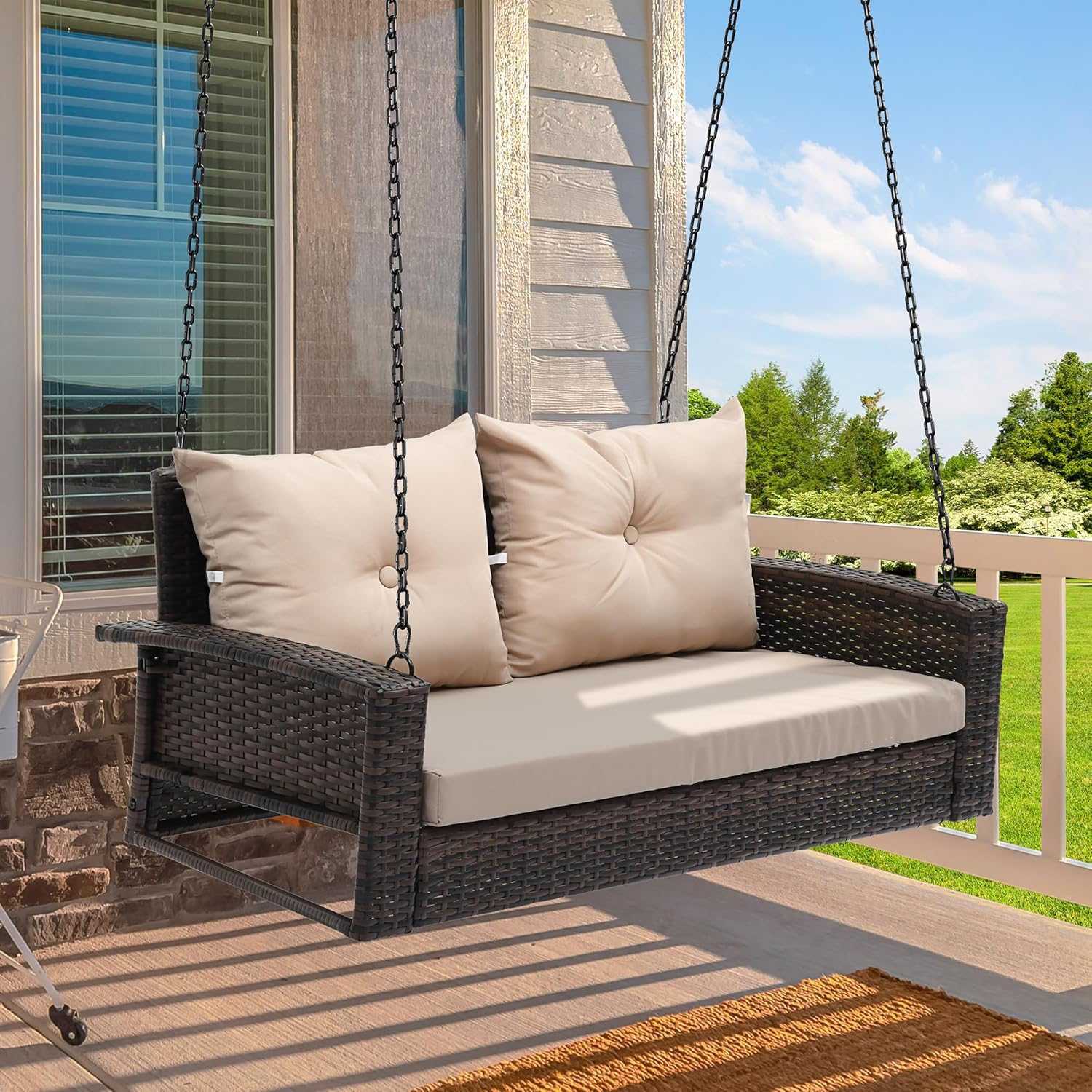 YITAHOME Balancelle suspendue pour porche, 3 places, banc d'extérieur en osier