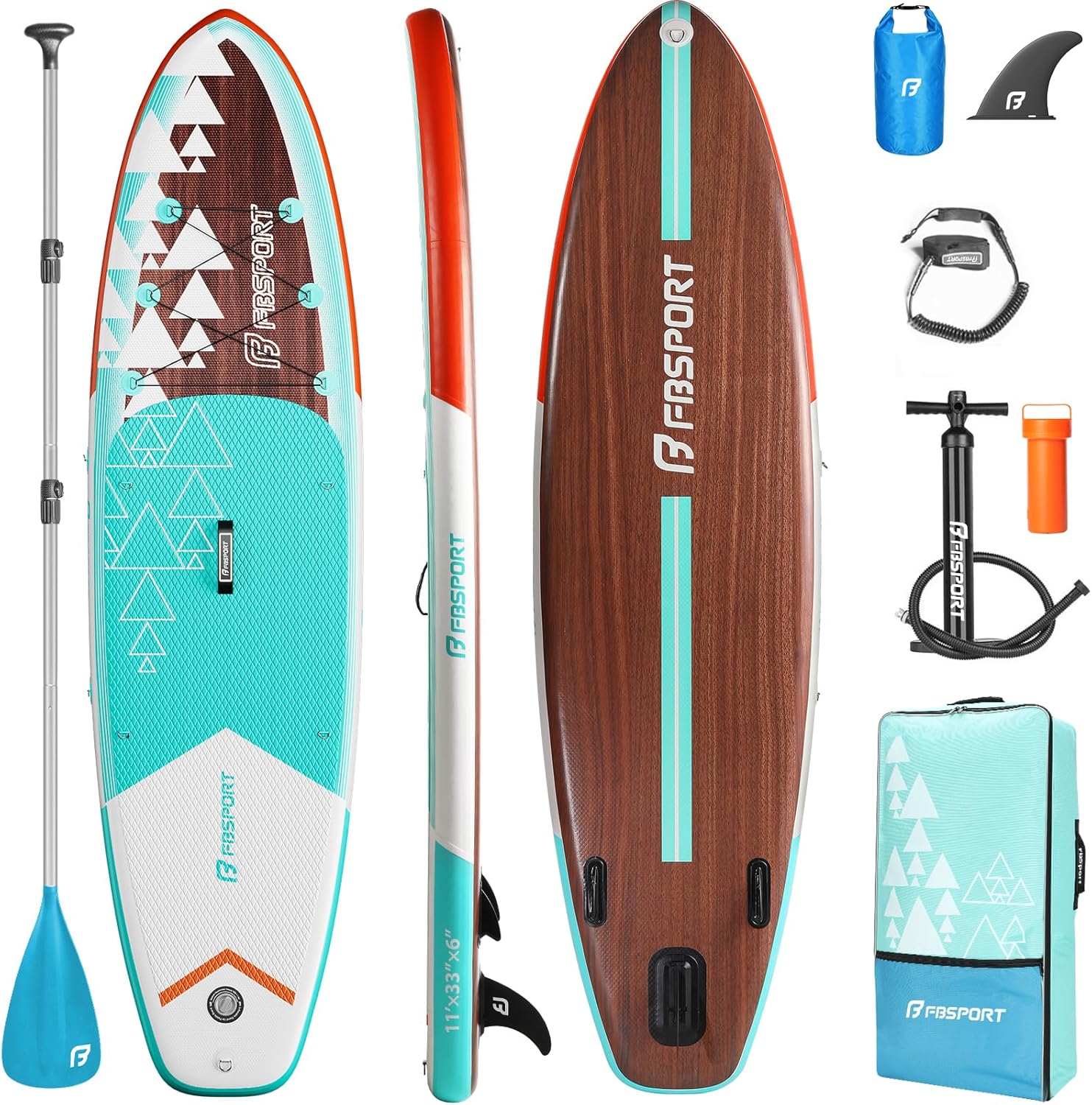 Planche de stand up paddle FBSPORT Premium 11', planche de yoga, contrôle du surf, pont antidérapant, attache, pagaie et pompe