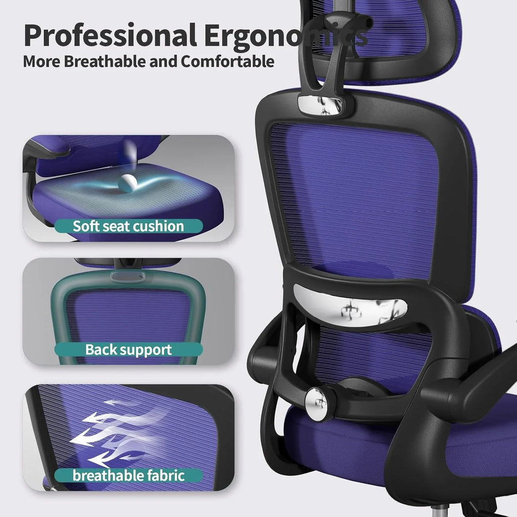 Chaise de bureau ergonomique, chaise de bureau en maille avec roulettes, capacité de charge de 150 kg, chaise de jeu confortable, dossier haut