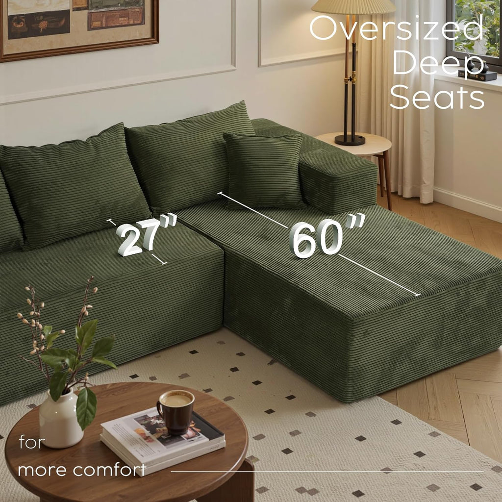 Cloud sofa with L-shaped lounge chair, modern modular sofa with deep seats