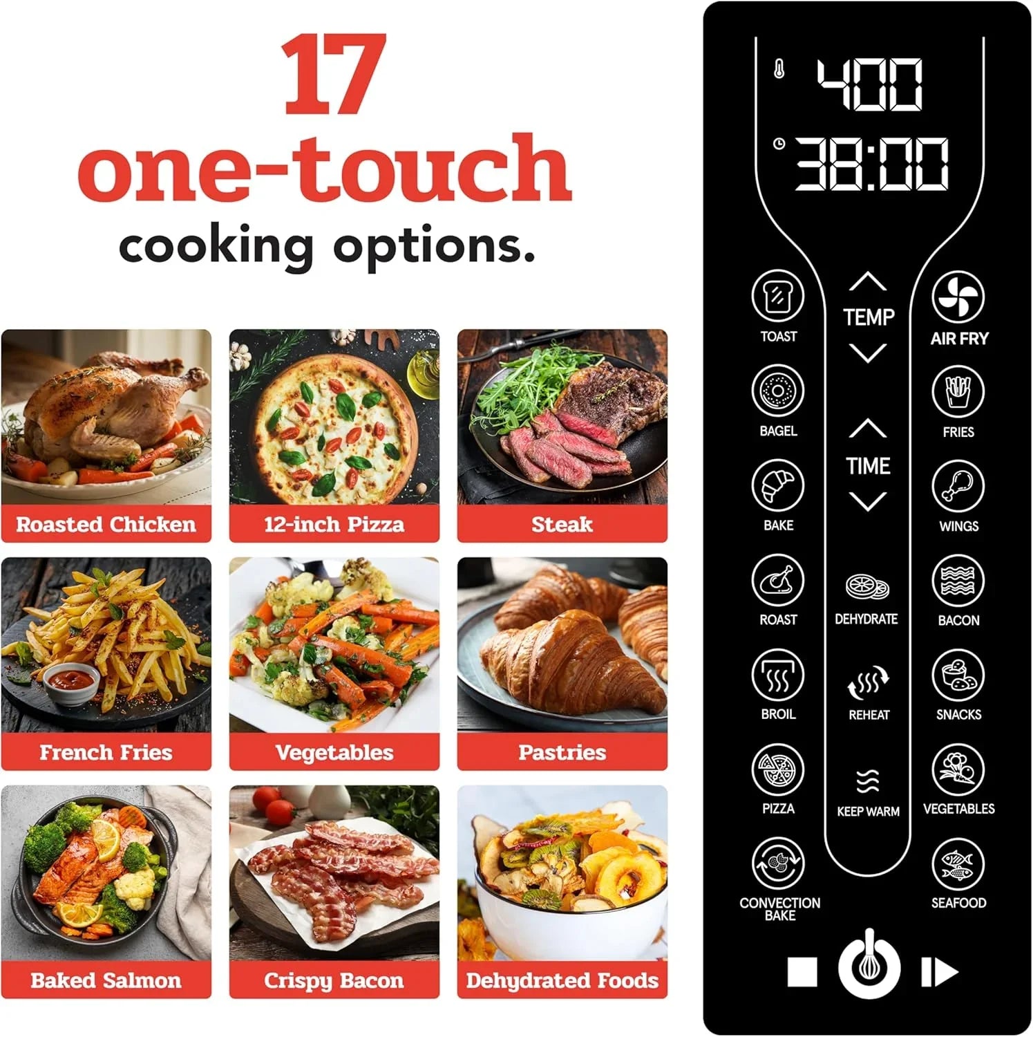 Friteuse à air combinée Gourmia avec 17 préréglages de cuisson, capacité de 24 L, grille de convection et plaque de cuisson