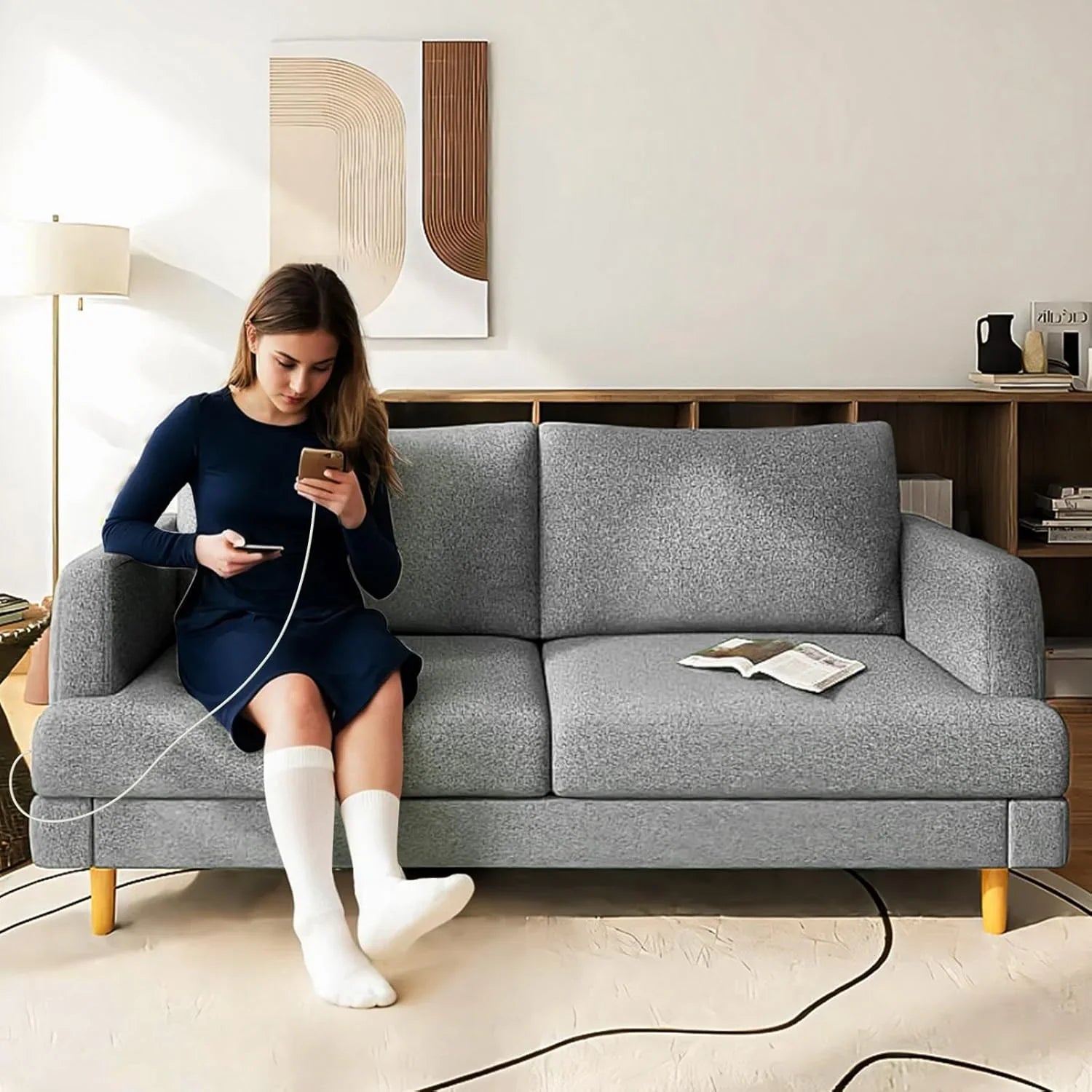 Canapé causeuse de salon avec port USB Type-C - Petit canapé rembourré gris foncé de 70 po