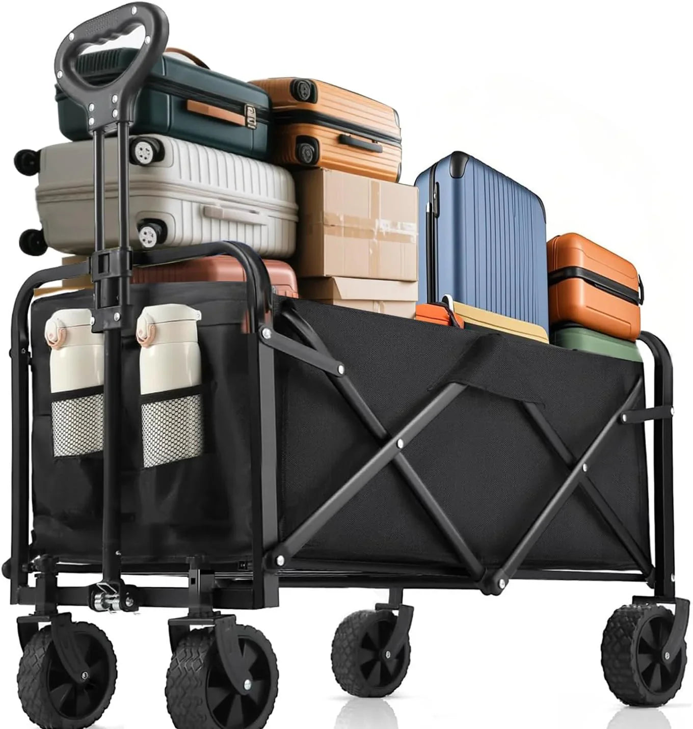 Chariot pliable à 4 roues, pliable, 37 pouces de long, capacité de 480 lb, chariot de plage robuste, chariot de courses avec roues