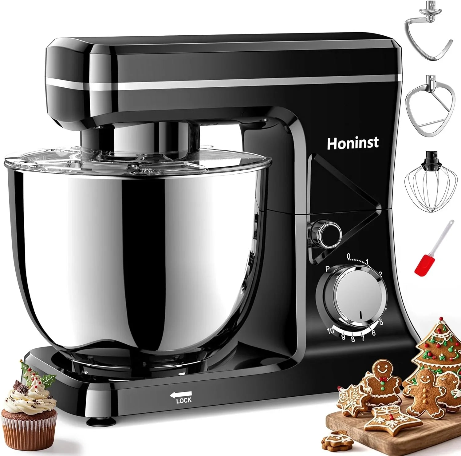 Batteur sur socle 10 vitesses avec protection anti-éclaboussures 8 en 1, tête inclinable, bol en acier inoxydable de 6 litres + crochet pétrisseur/fouet/mixeur/grattoir lavable au lave-vaisselle