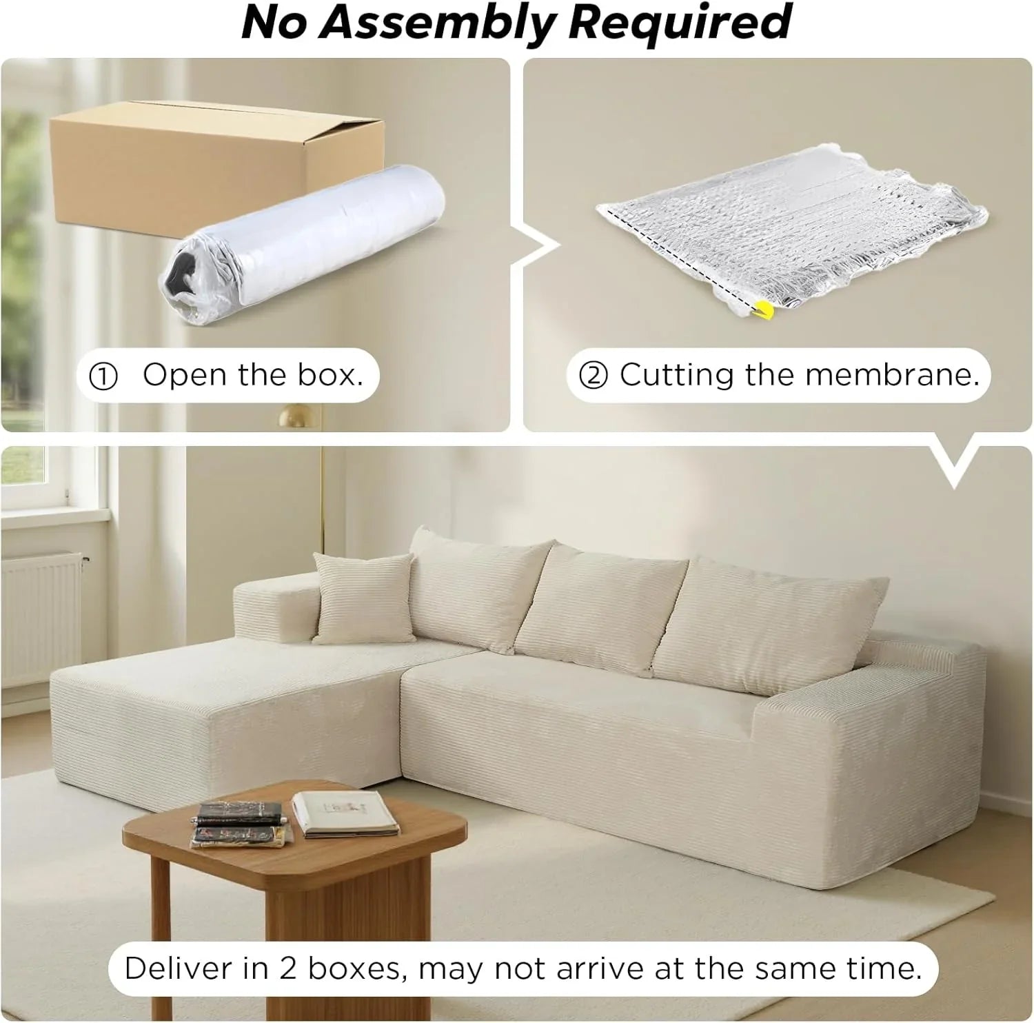 Cloud sofa with L-shaped lounge chair, modern modular sofa with deep seats