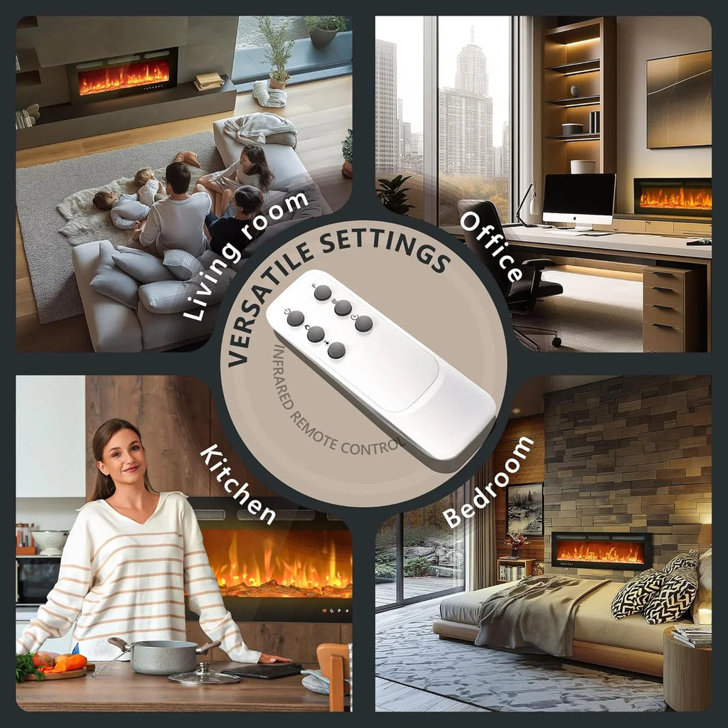 EUHOMY Cheminée électrique encastrée et murale de 50 pouces avec couleur de flamme réglable, chauffage de cheminée avec télécommande, cheminée linéaire avec minuterie, écran tactile, bûche et cristal, 750/1500 W