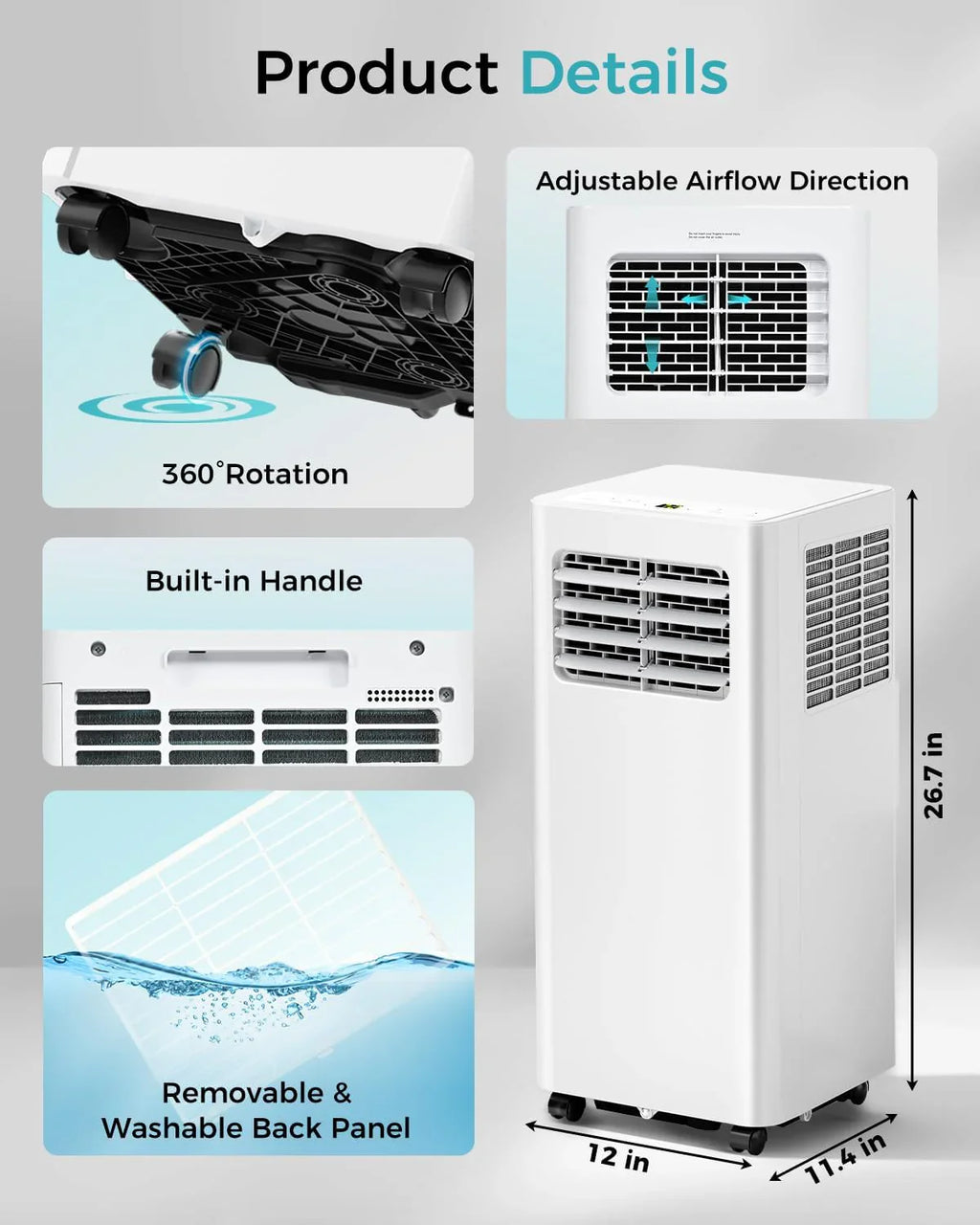 Climatiseur portatif 8 000 BTU - Unité de climatisation 3 en 1 avec télécommande, refroidissement ultra-silencieux pour pièces jusqu'à 350 pi², minuterie 24 h, mode veille