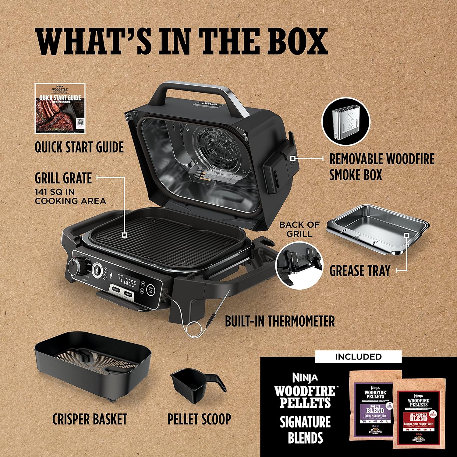 Barbecue d'extérieur OG751 Woodfire Pro avec thermomètre intégré, gril 7 en 1, fumoir et friteuse à air d'extérieur