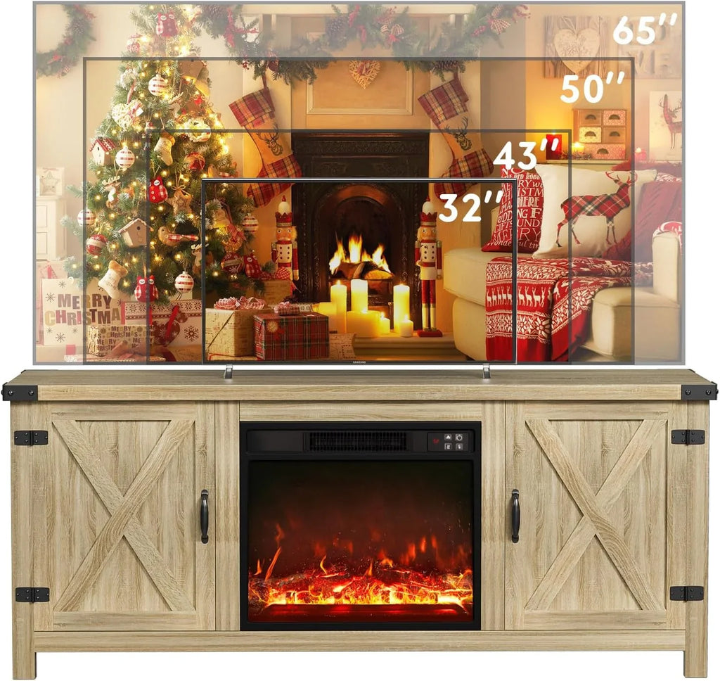 YESHOMY Meuble TV avec cheminée et deux portes de grange, armoires de rangement pour téléviseurs jusqu'à 65 pouces et plus, console de divertissement, meuble multimédia pour salon, 58 pouces