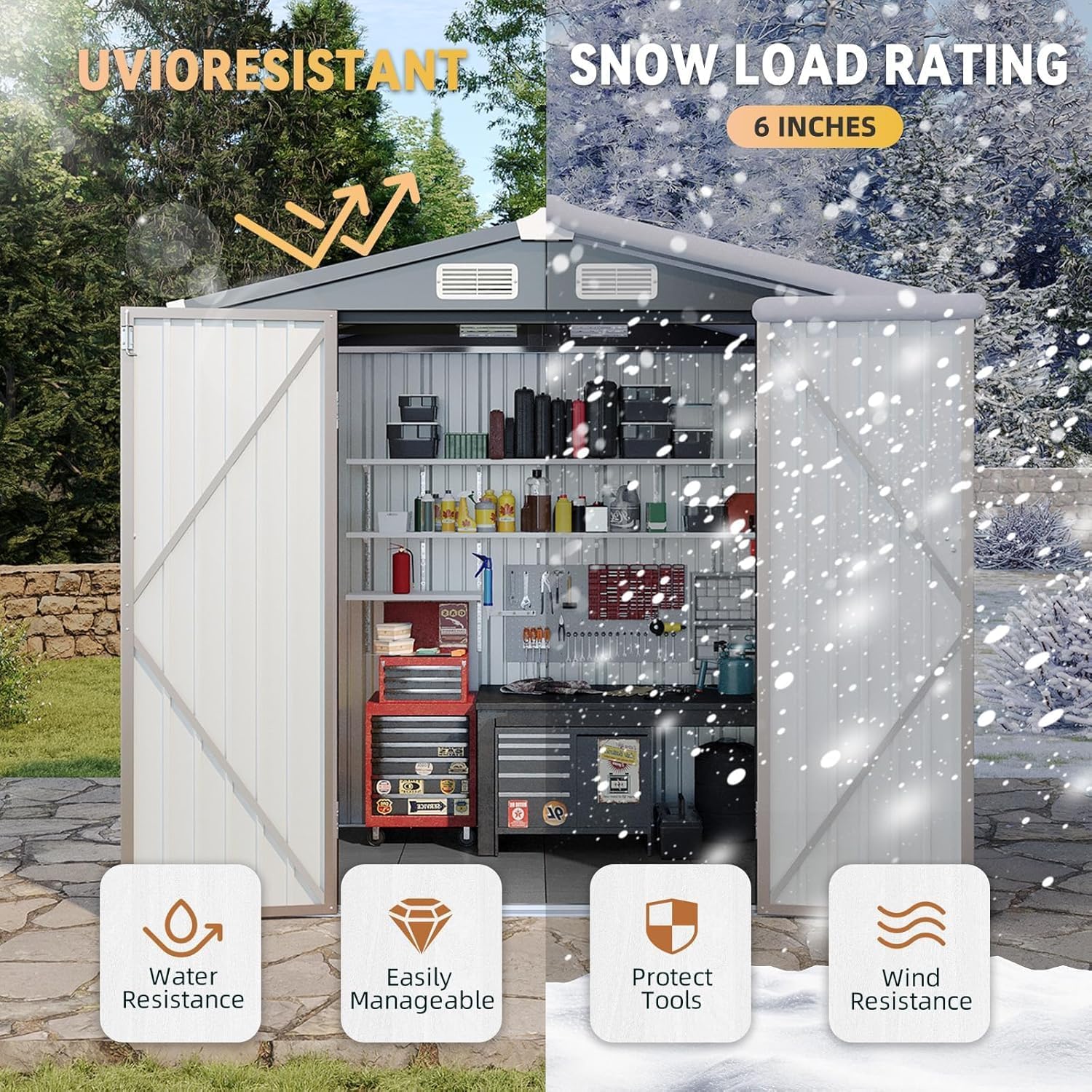 Abri de jardin Aoxun 7,4 x 5,3 pi, plancher en acier galvanisé, abri de jardin en métal, portes doubles