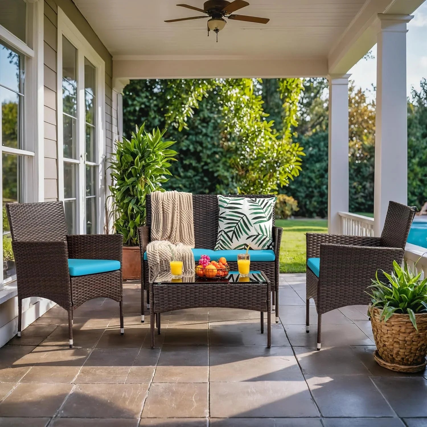 Ensemble de meubles de patio extérieur 4 pièces, ensemble de chaises en rotin et osier