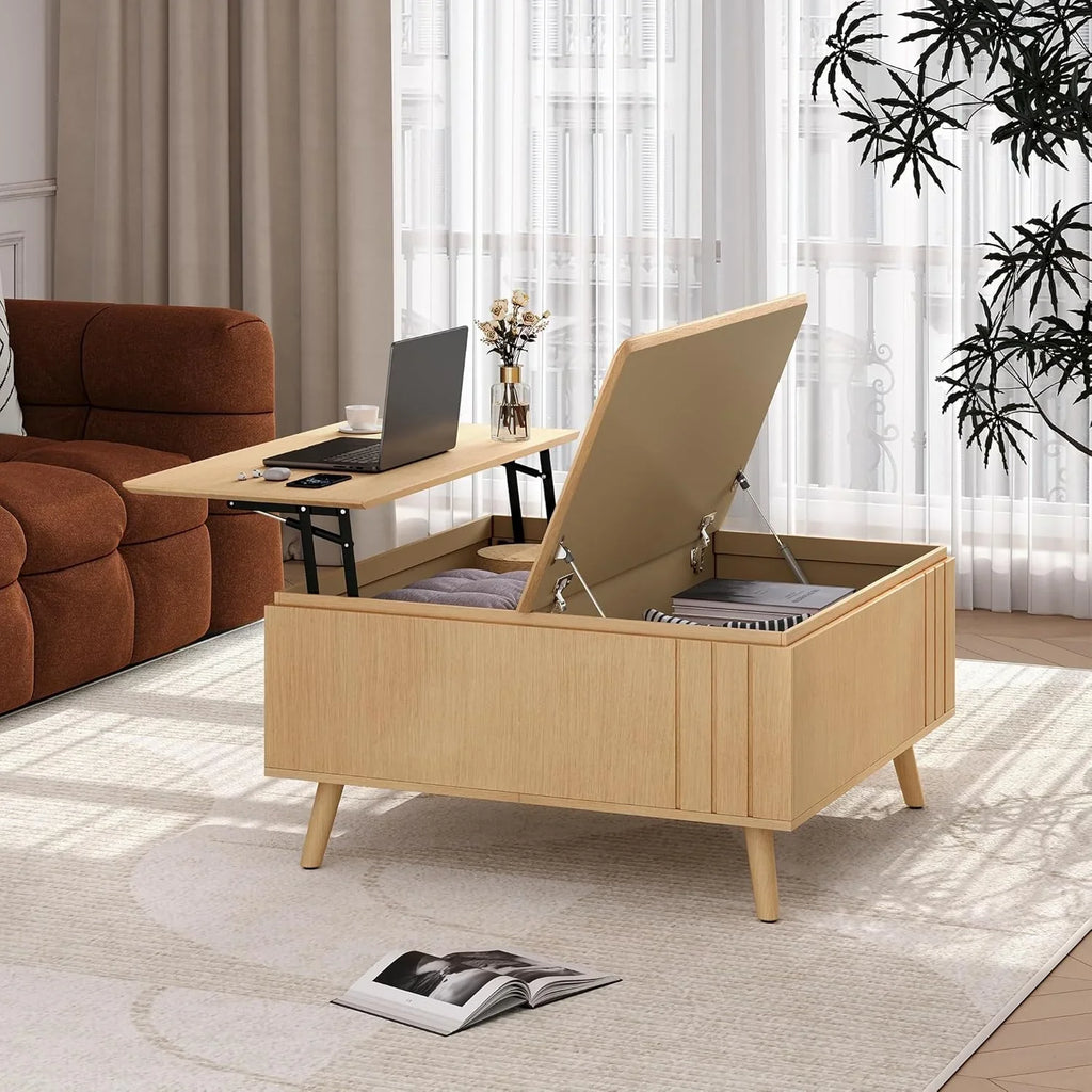 Table basse ronde avec rangement, table centrale encastrée avec portes coulissantes