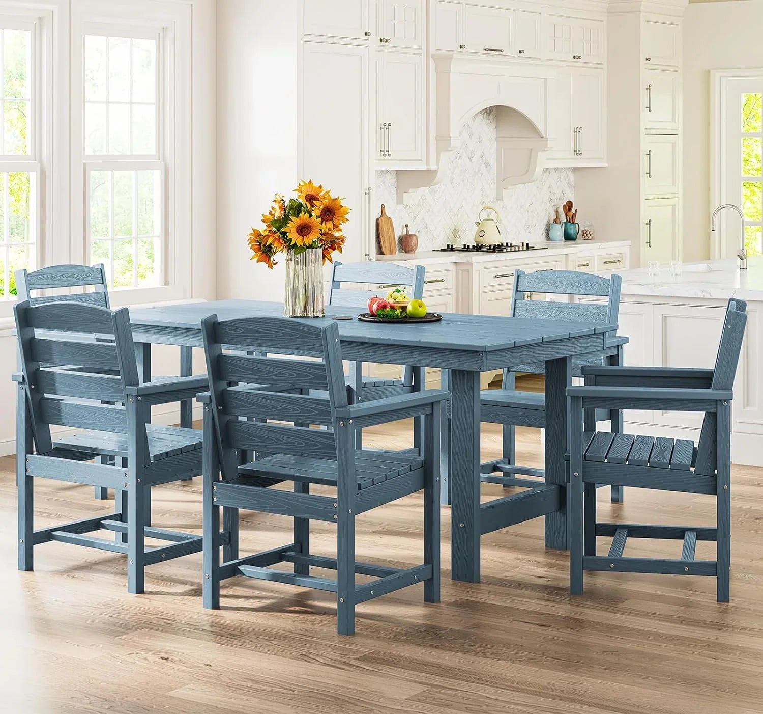 Ensemble de salle à manger d'extérieur en PEHD, 7 pièces, avec table découpée pour parasol et 6 chaises