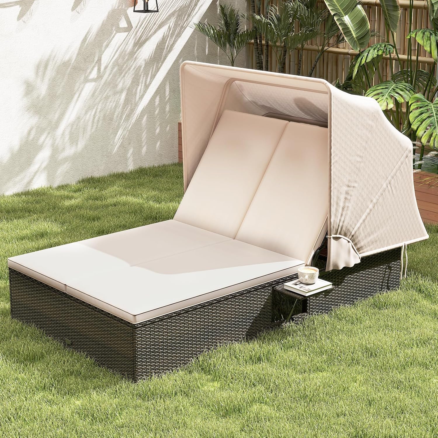 Lit de repos d'extérieur RELAX4LIFE avec auvent rétractable - Chaise longue double en osier avec dossier à 6 positions