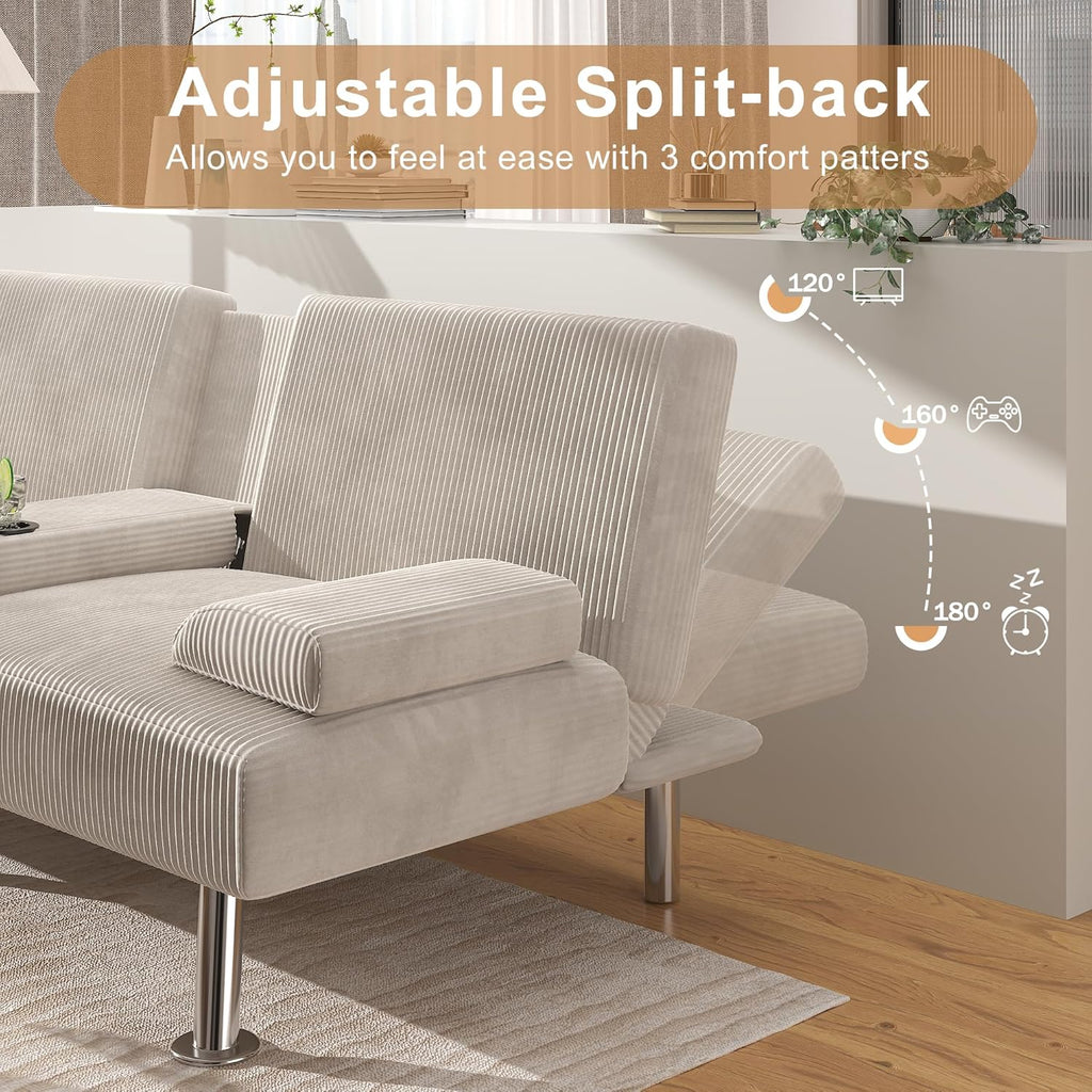 Canapé-lit futon convertible et pliable en lin moderne Shahoo avec accoudoirs amovibles, pieds en métal et 2 porte-gobelets pour le salon