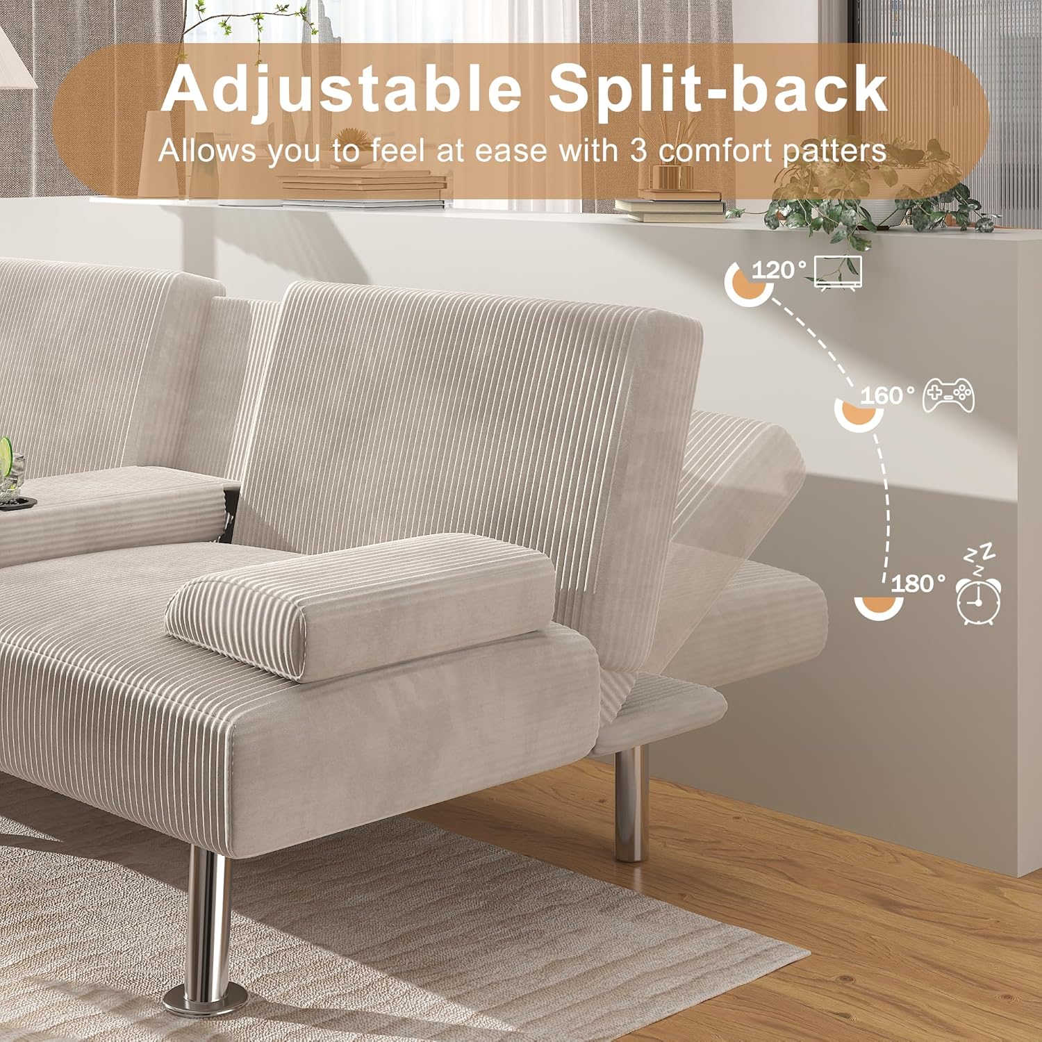 Canapé-lit futon convertible et pliable en lin moderne Shahoo avec accoudoirs amovibles, pieds en métal et 2 porte-gobelets pour le salon