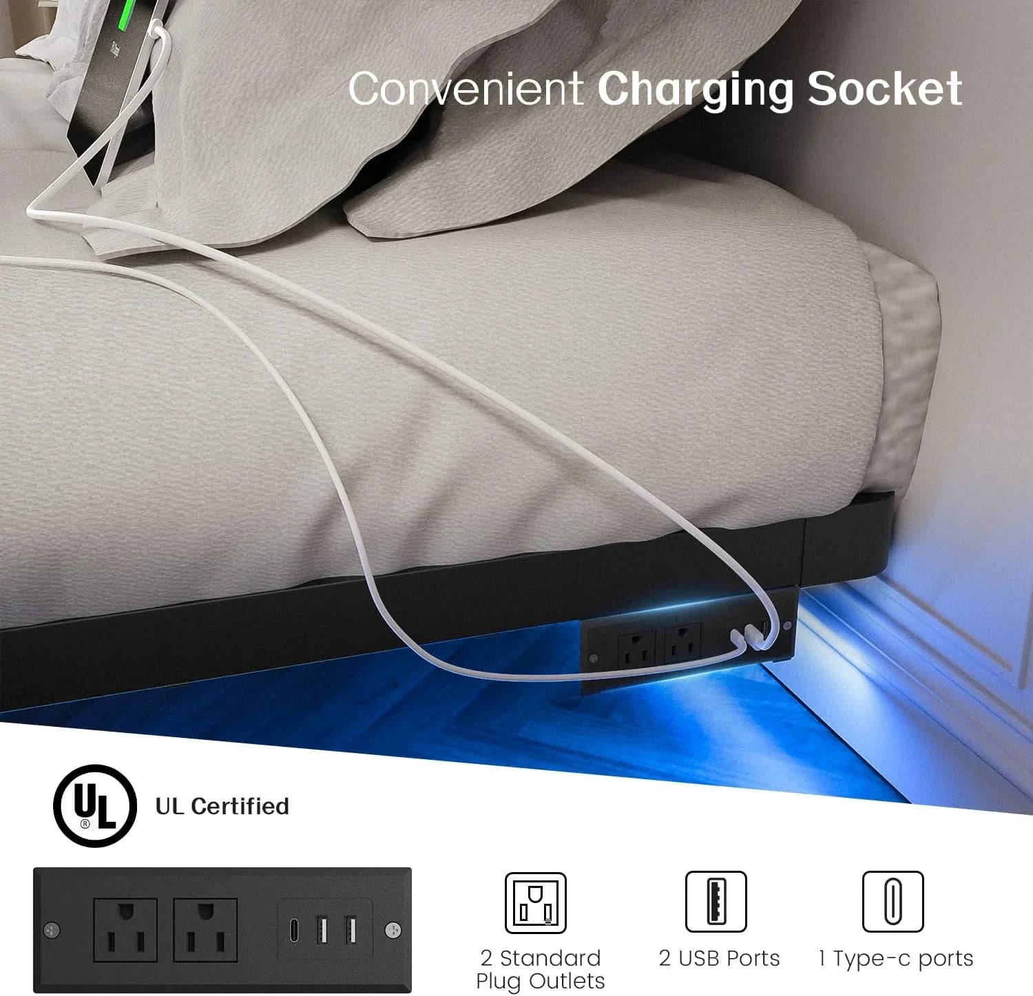 Cadre de lit flottant OLEVS Queen avec éclairage LED intelligent et station de charge