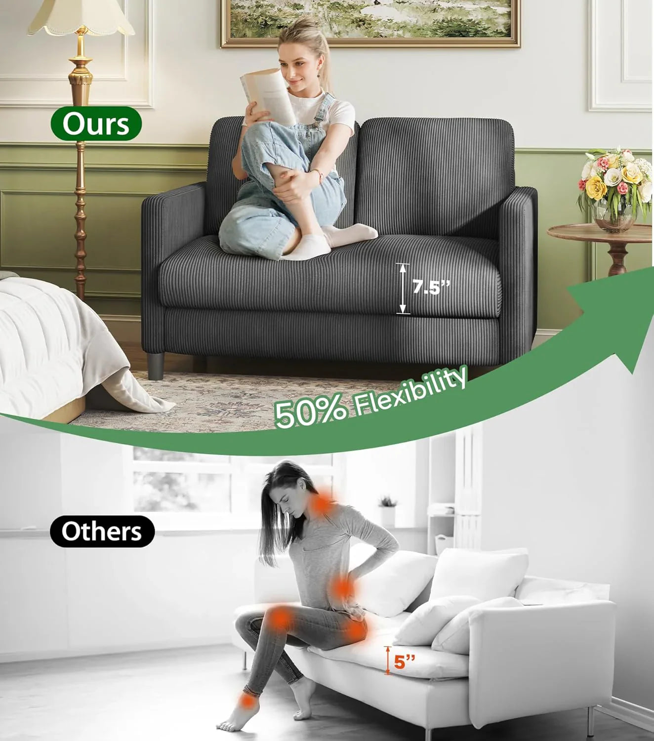 Causeuse de 51 pouces, causeuse confortable en velours côtelé