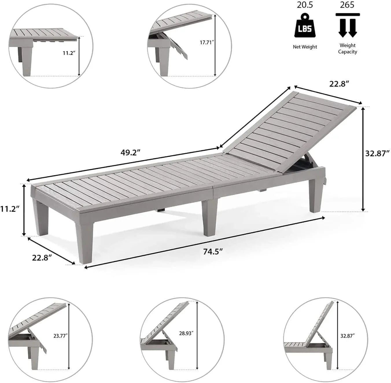 Chaises de patio - Ensemble de 2 chaises longues noires pour l'extérieur, chaise longue de jardin légère