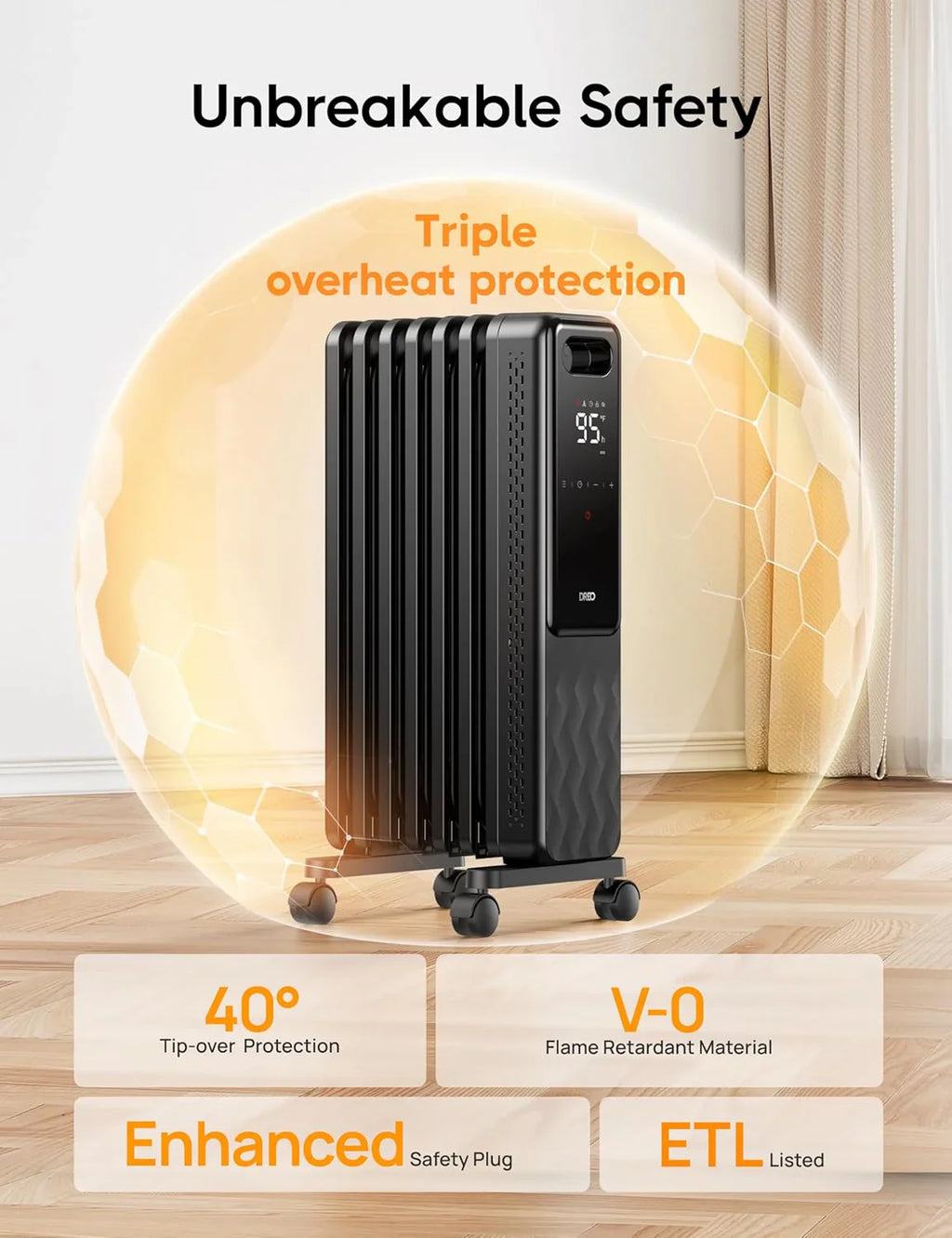 Radiateur radiant électrique d'intérieur avec protection contre la surchauffe et le basculement, thermostat numérique, radiateur à bain d'huile