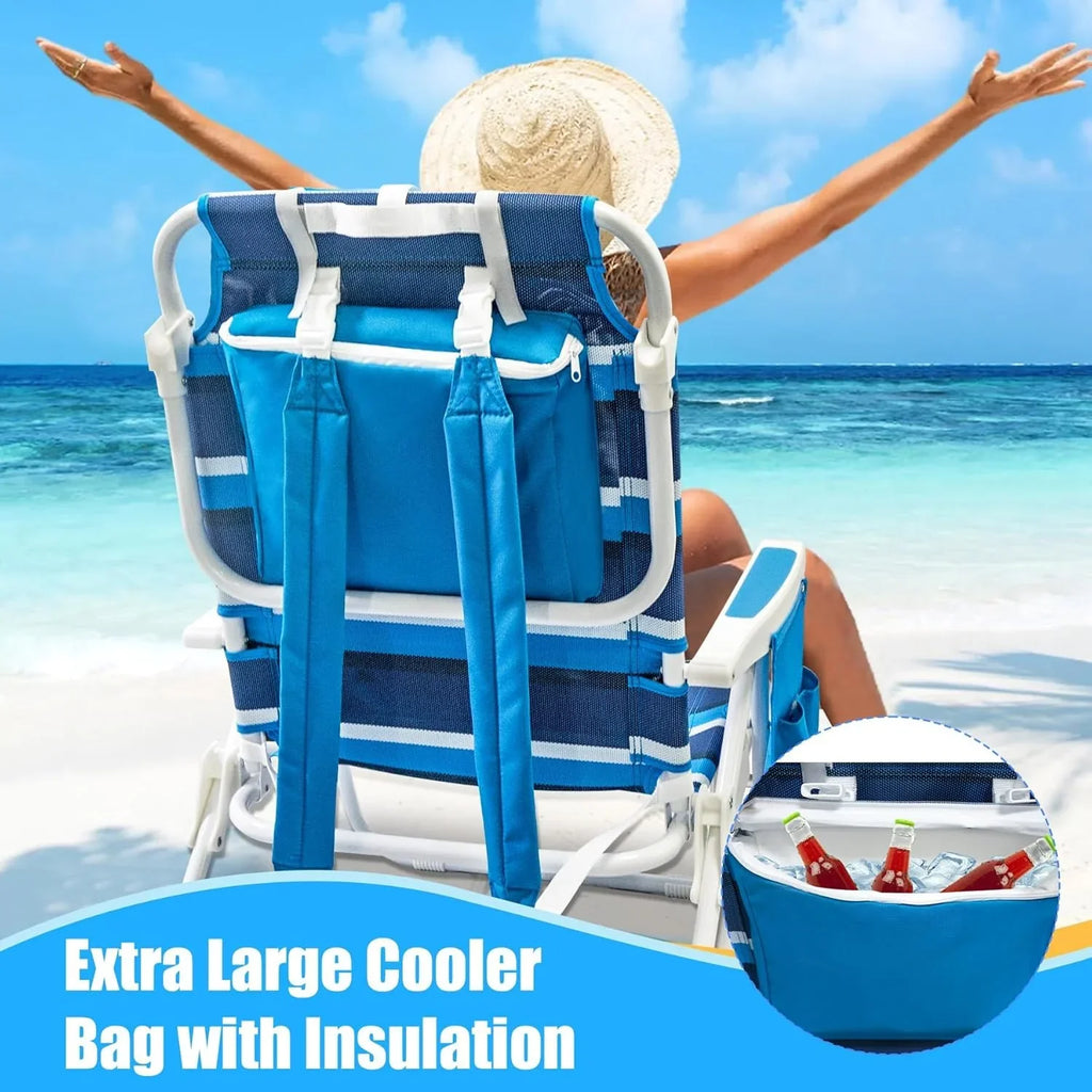 Lot de 2 chaises de plage pliantes à 5 positions avec sangles de sac à dos, sac isotherme et porte-gobelet