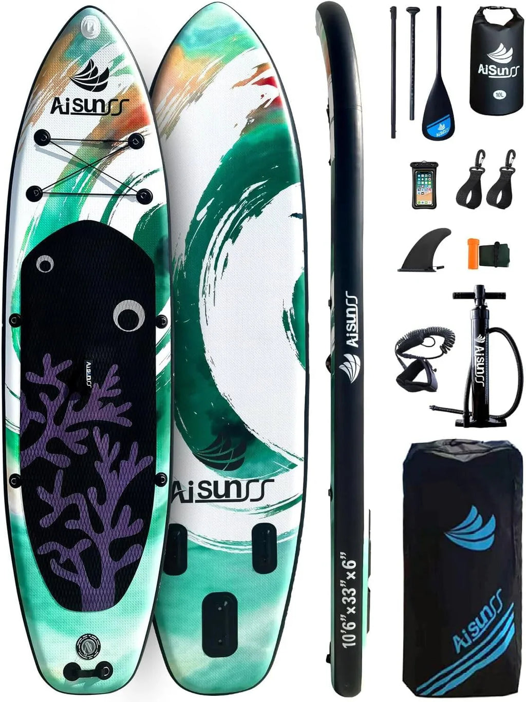 Planche de SUP gonflable large avec sac de transport SUP, pompe à main, sac étanche 10L et pagaie réglable