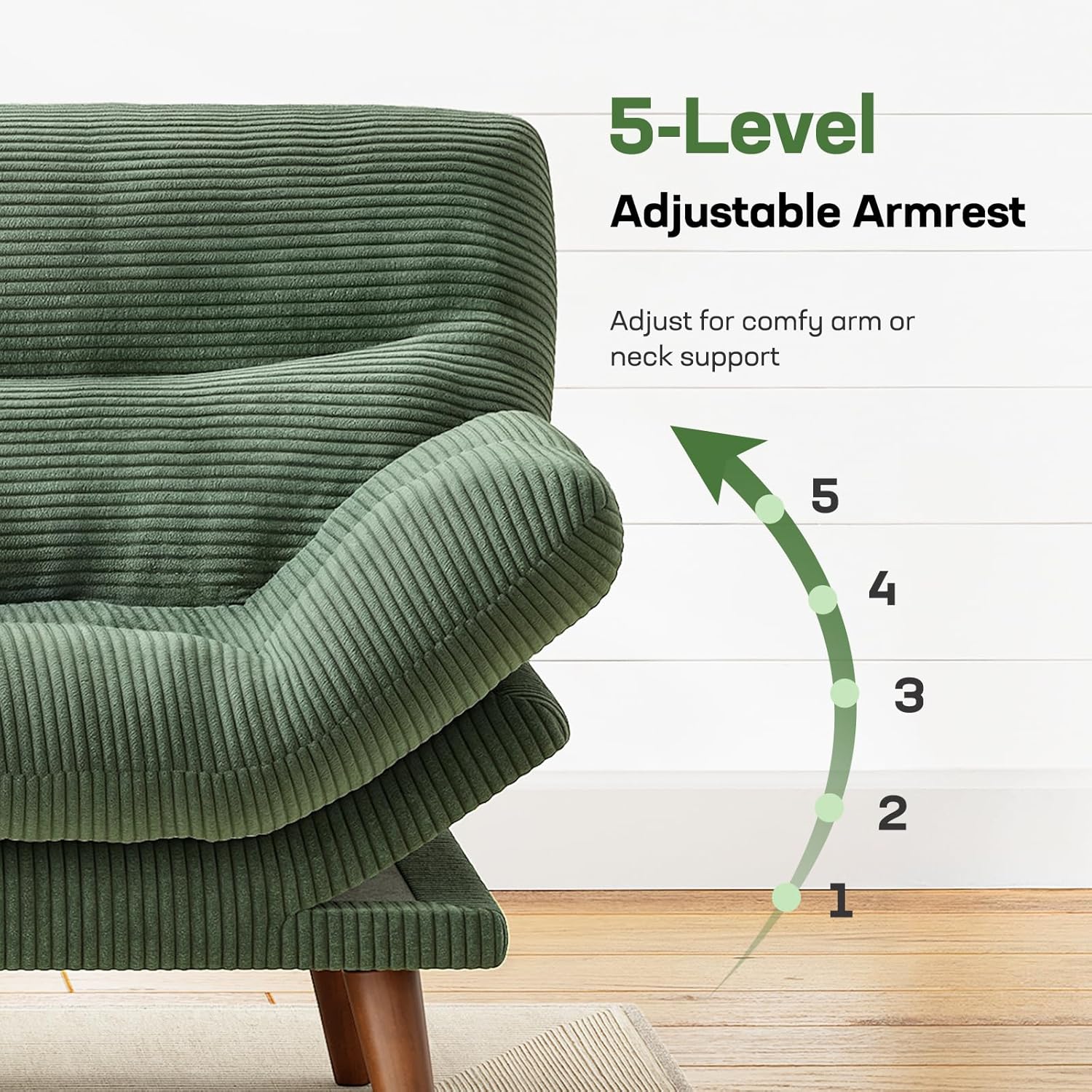 Canapé-lit futon, canapé futon avec dossier et accoudoirs réglables, convertible en petit canapé-lit causeuse en velours côtelé vert