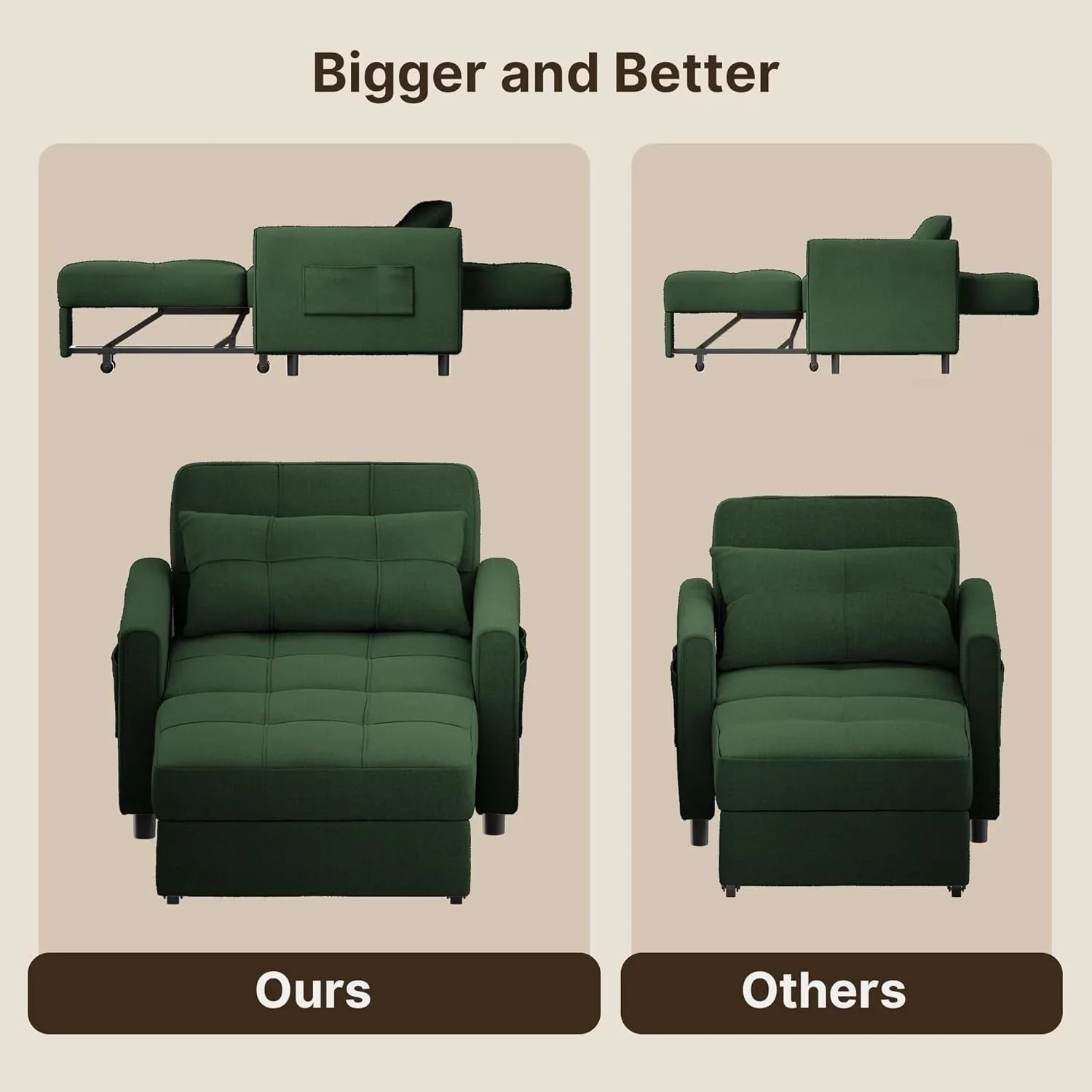 Canapé-lit convertible 3 en 1, convertible en lit simple gigogne avec dossier réglable, spacieux et multifonctionnel