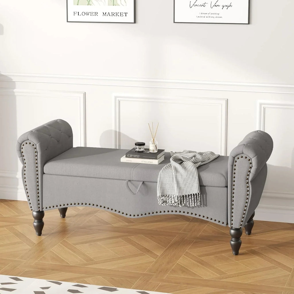 Tabouret de rangement moderne Furniliving, tabouret de bout de lit en bois massif Sherpa, tabouret rembourré tabouret d'intérieur