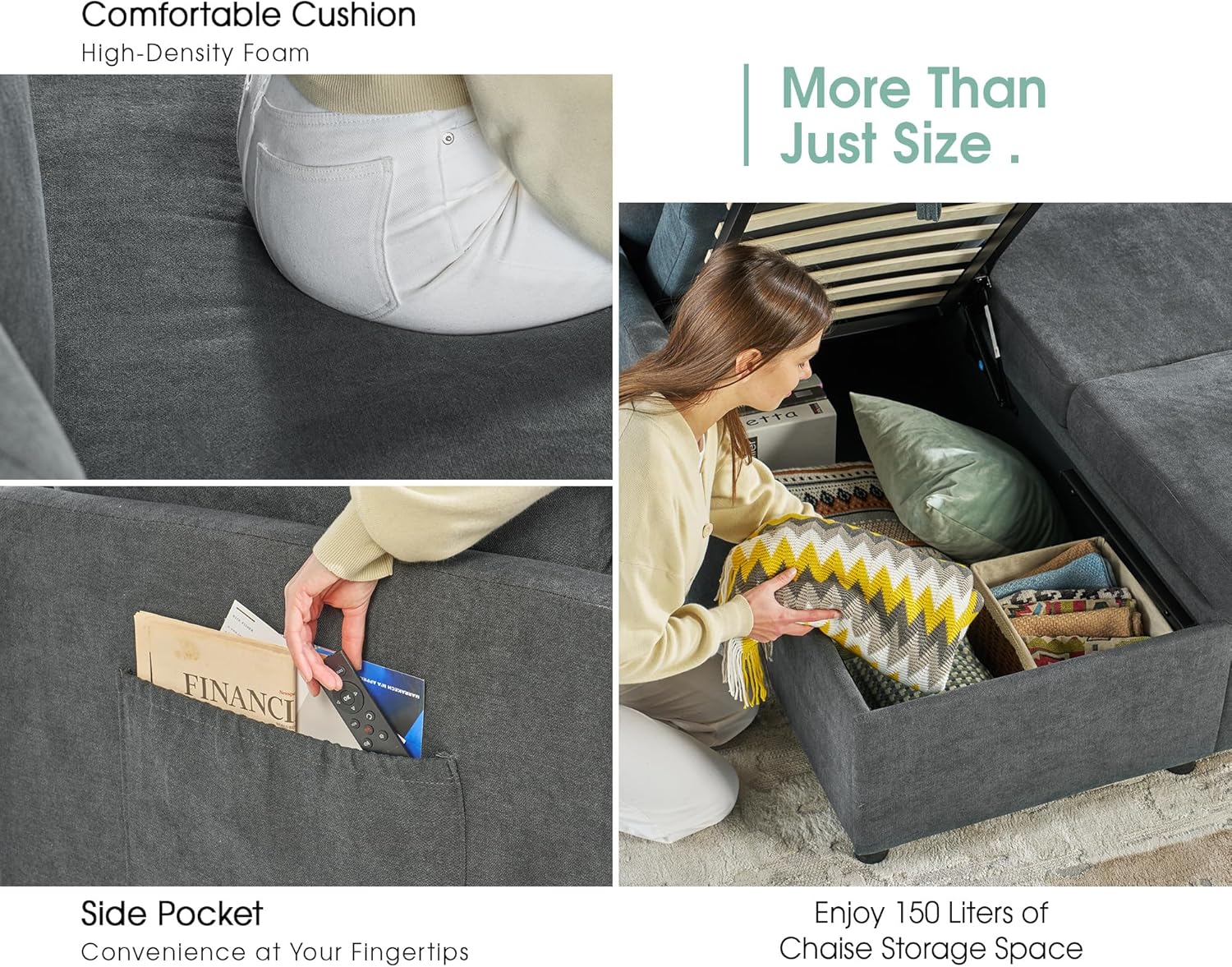 Canapé-lit VanAcc, canapé-lit avec méridienne de rangement - Canapé-lit 2 en 1 pour salon, canapé-lit confortable